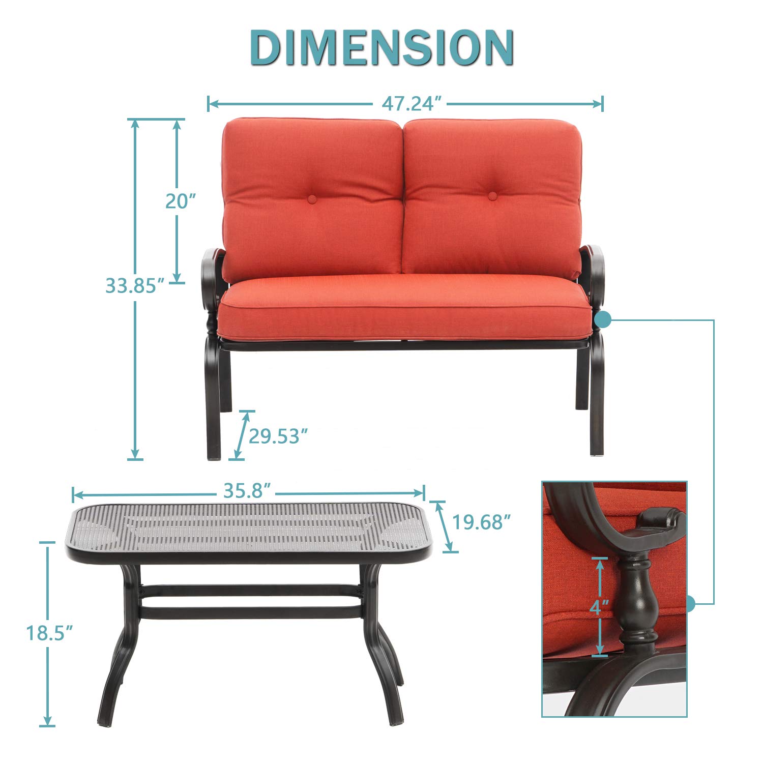 SOLAURA 2-Piece Outdoor Loveseat Set with Coffee Table - Wrought Iron Frame & Red Cushions - Patio Garden Bench Sofa for Backyard, Poolside, and Terrace Relaxation