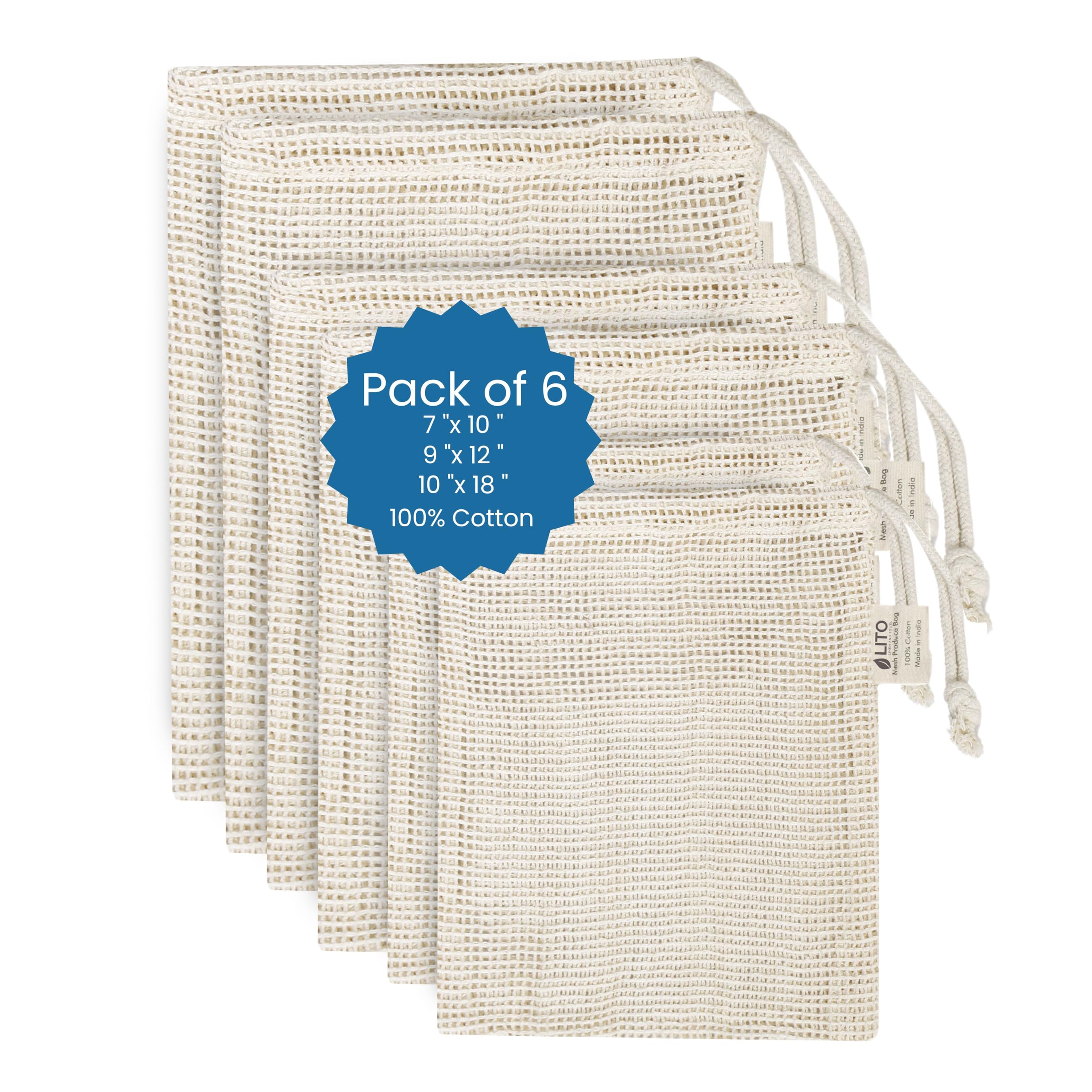 Reusable Cotton Mesh Produce Bags with Drawstrings - 6 Pack Mixed Size for Vegetables, Fruits, Onions & Grocery Shopping | Washable Food Storage Bags | Eco-Friendly Cloth Shoe Bags | Perfect for Farmers Market, Supermarket & Zero Waste Lifestyle