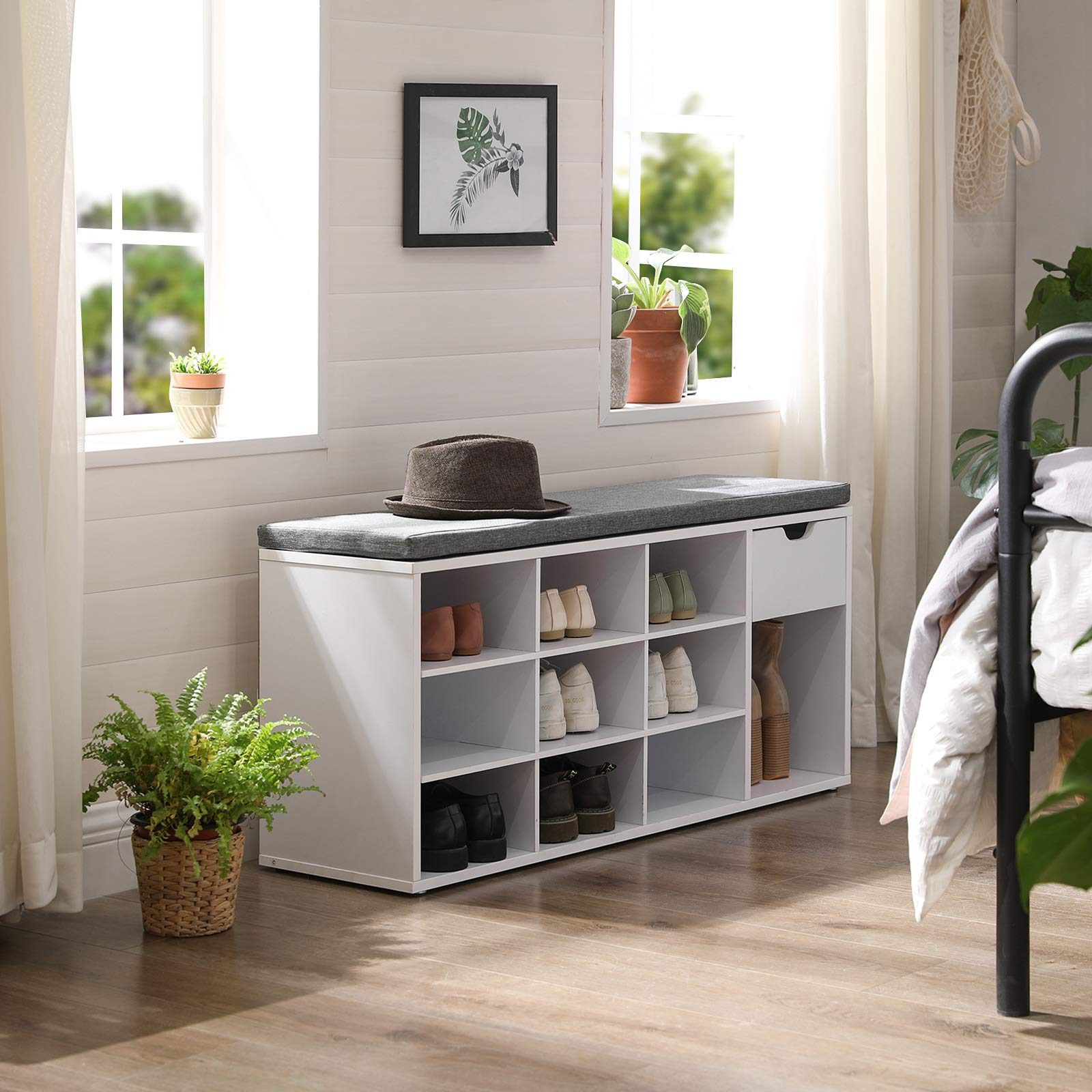 VASAGLE Storage Bench with Cushion, Entryway Bench with Drawer & Open Compartments, Multi-Purpose Storage Seat for Living Room, Bedroom, Closet - White & Gray ULHS24WT | Perfect for Small Space Organization & Entryway Seating