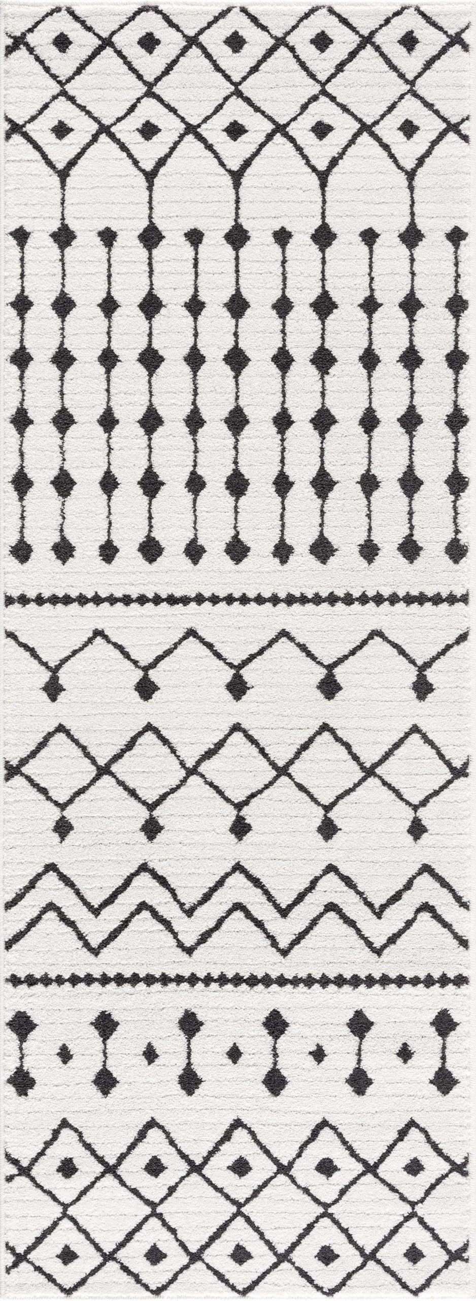 Bohemian Moroccan Geometric Shag Area Rug - High Pile Black & White Charcoal 5'3