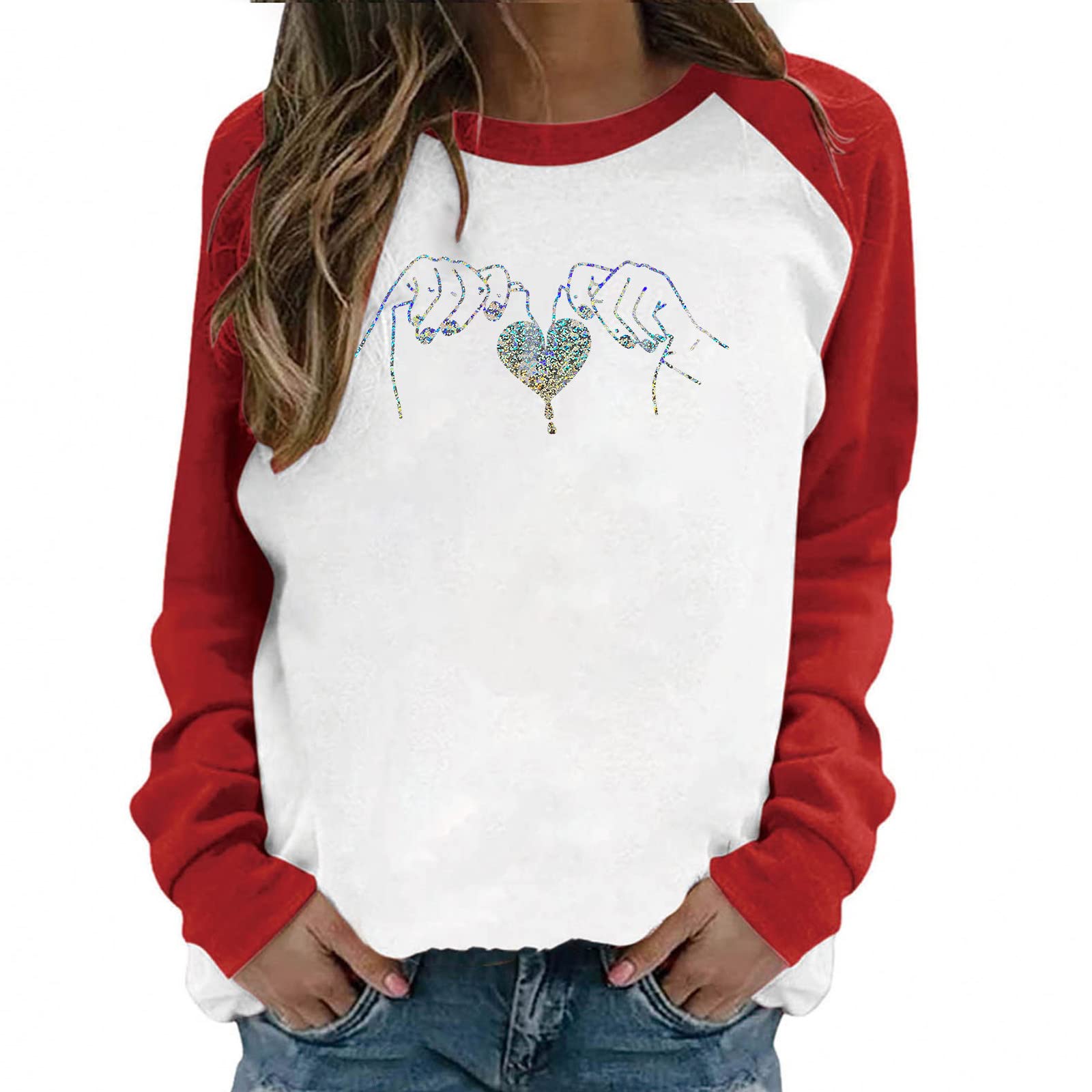 Valentine's Day Women's Love Heart Print Long Sleeve Crewneck T-Shirt - Plus Size Casual Trendy Sweatshirt for Date Night & Romantic Outfits