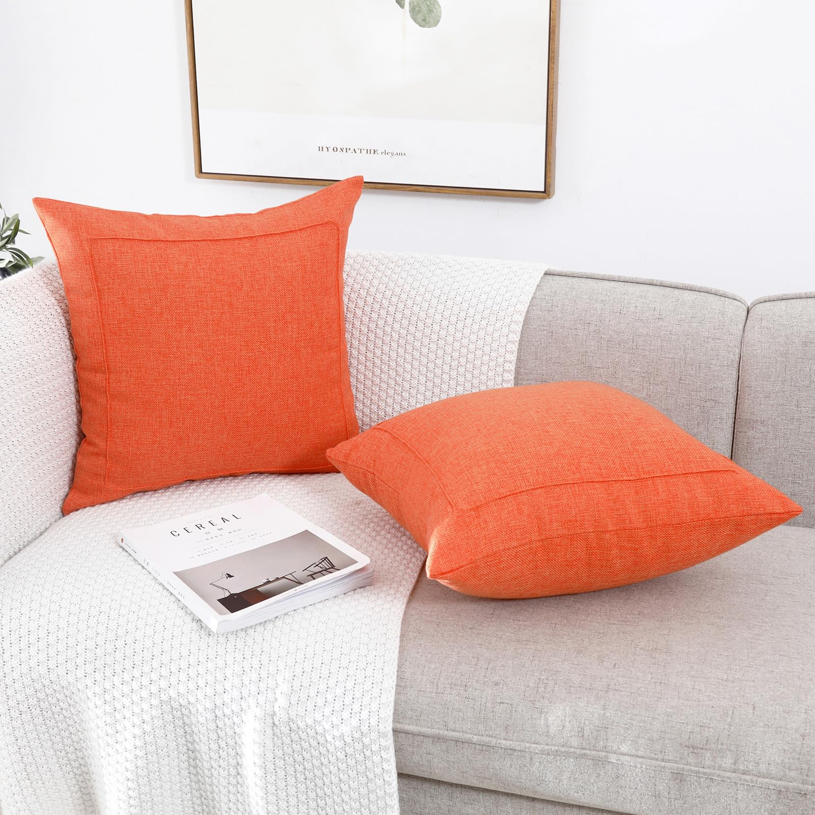 Jepeak 2-Pack Burlap Linen Throw Pillow Covers 20x20 Inches - Farmhouse Modern Decorative Square Cushion Cases for Sofa, Couch & Bed - Blaze Orange Thickened Pillow Protectors - Perfect for Living Room, Bedroom & Home Decor