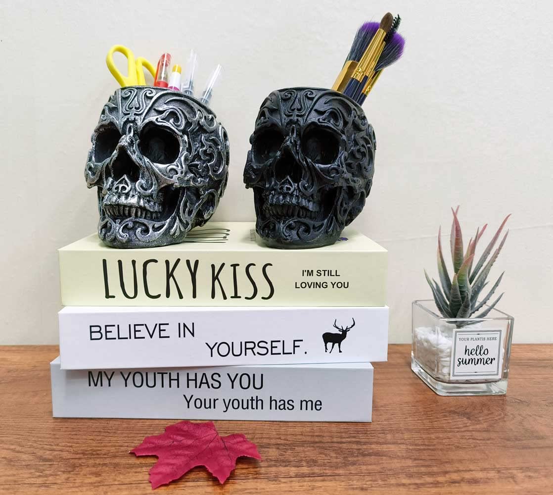 Gothic Skull Makeup Brush Holder & Pen Organizer - Durable Resin Vanity Decor for Home Office Desk, Succulent Planter & Makeup Accessory Storage (Silver) | Perfect for Gothic Decor, Makeup Artists & Dark Aesthetic Lovers