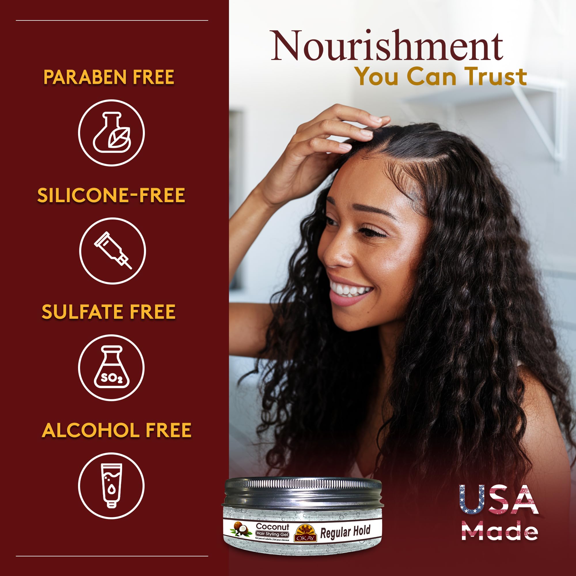 OKAY Coconut Hair Styling Gel - Medium Hold 7.25oz for Men & Women | Natural Frizz Control & Shine | Perfect for Curly, Wavy & Straight Hair Styles