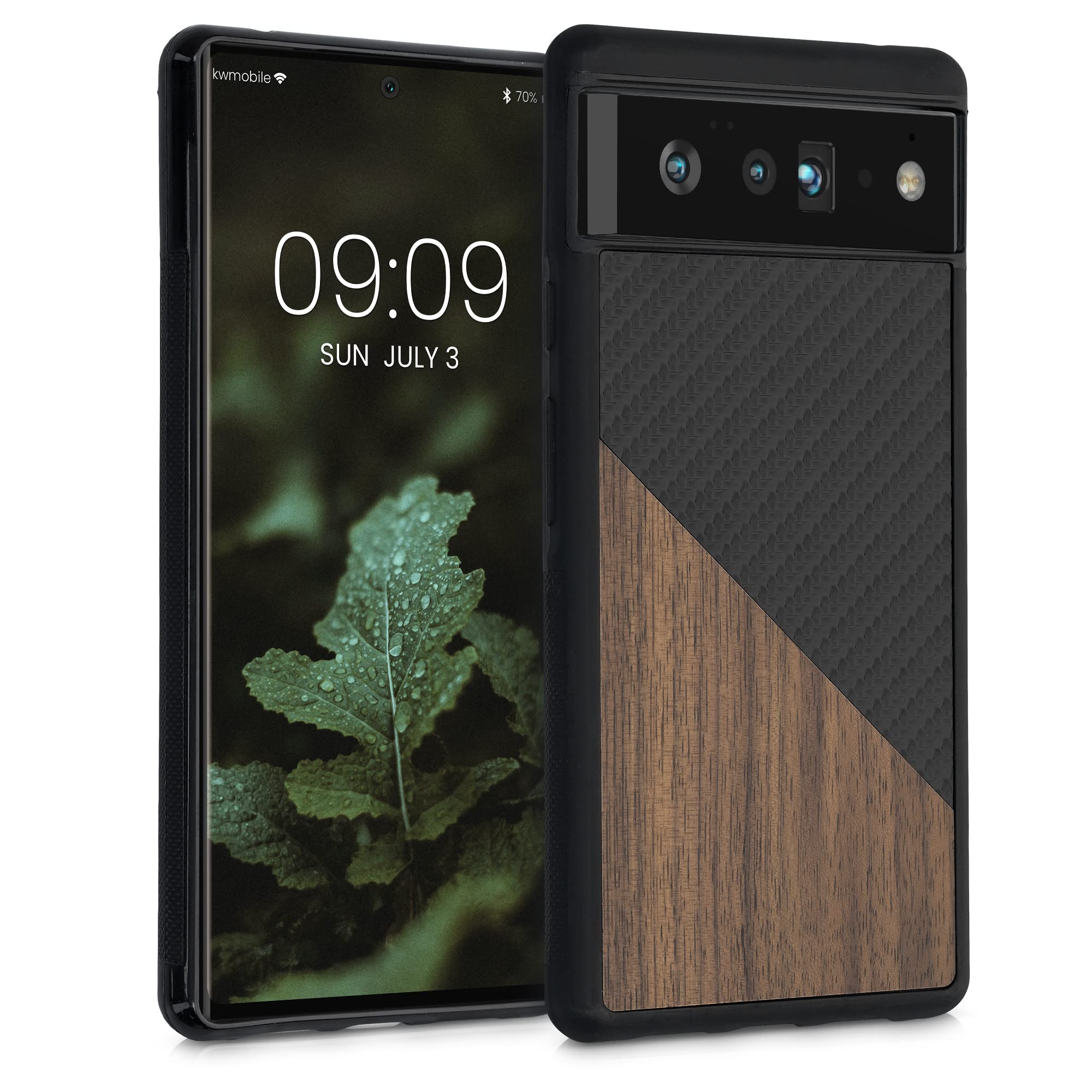 Google Pixel 6 Pro Case - Wood/Carbon Hard Cover with TPU Bumper - Dark Brown/Black - Protective Phone Cover for Daily Use