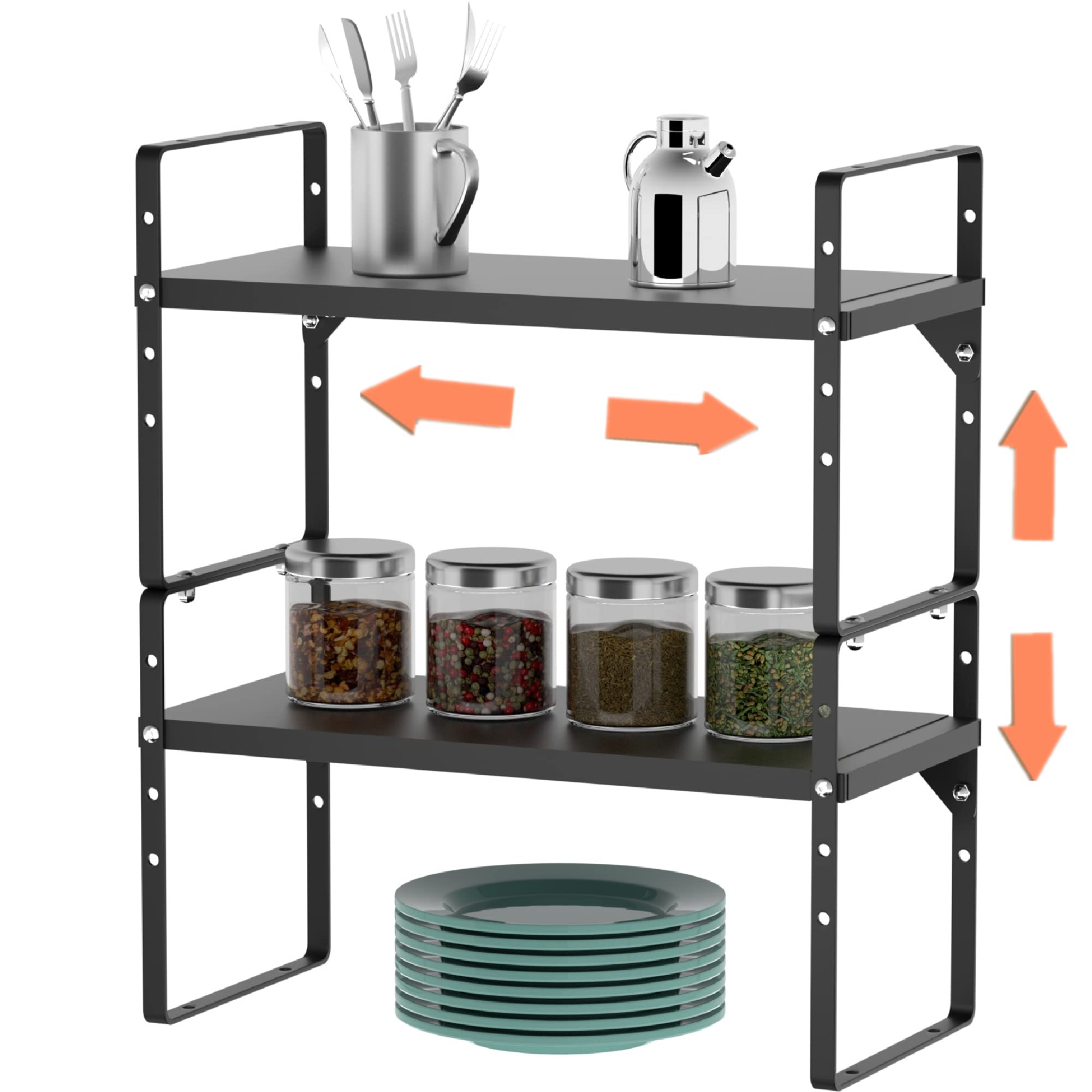 Slideep Stackable Cabinet Shelf Organizers - 2 Pack | Expandable Metal Plate Storage Shelves for Kitchen Pantry, Bathroom & Office | Countertop Organizer, Spice Rack & Cupboard Stand | Perfect for Small Space Organization & Clutter-Free Storage