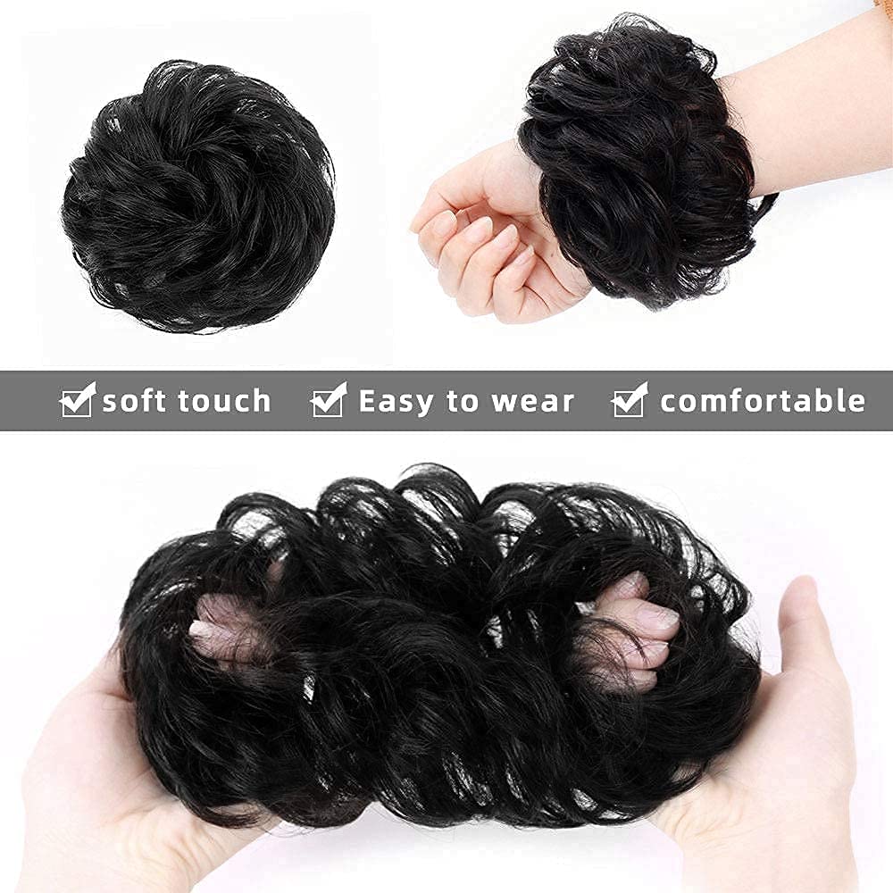 Messy Bun Hair Extension for Women - 1 Piece Synthetic Hair Scrunchies with Elastic Rubber Band (Black) - Perfect for Quick Hairstyles, Parties, and Everyday Wear