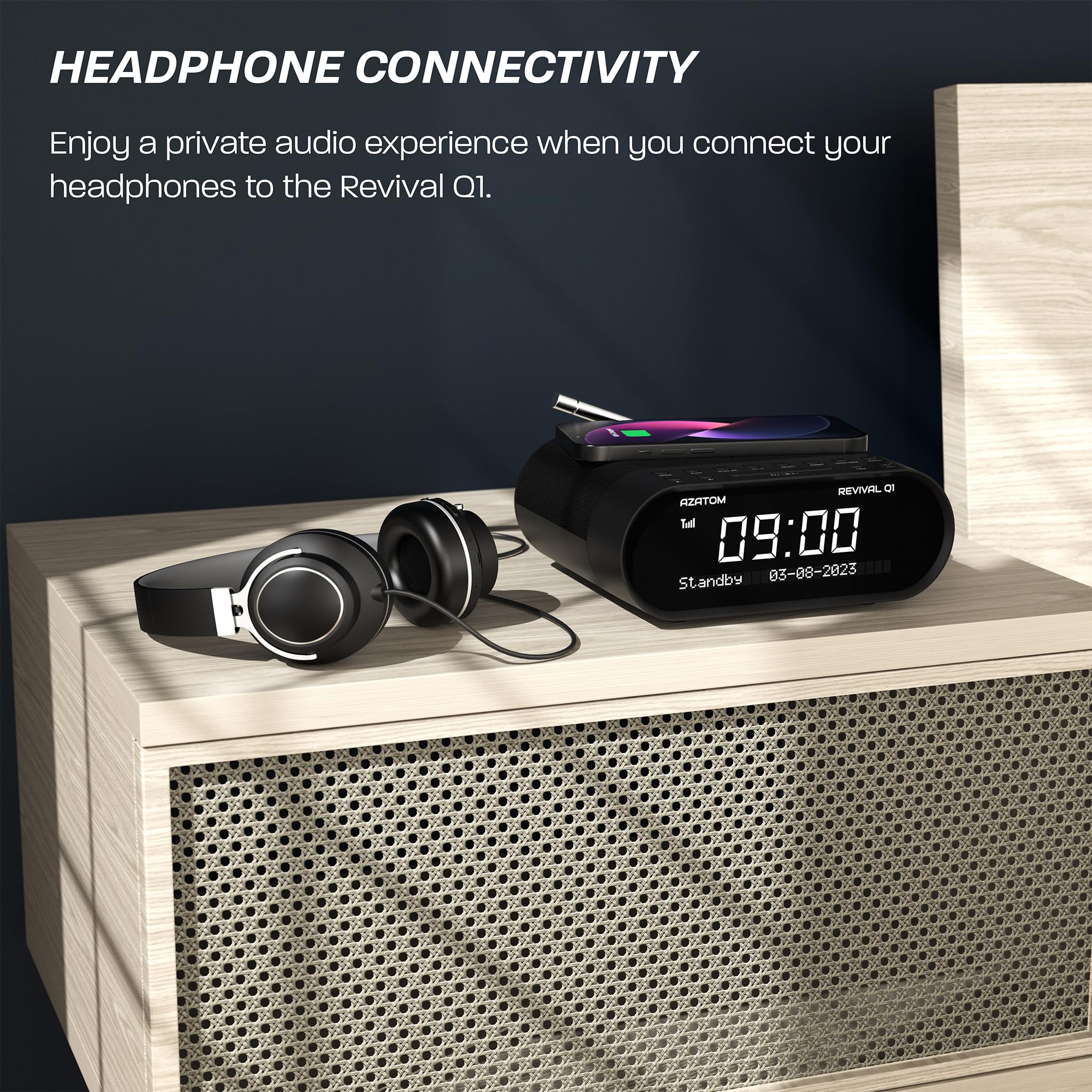 AZATOM Revival Q1 Black DAB+ Digital FM Clock Radio with Bluetooth, Wireless Charging & Dual Alarm - Bedside Alarm Clock with Sleep Timer, USB Port, AUX & Headphone Jack for Home, Office & Travel Use