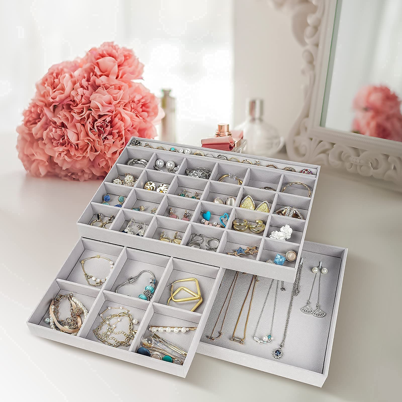 ProCase 2-Layer Jewelry Organizer with 3 Stackable Trays - Necklace, Ring & Earring Storage Case for Drawer, Vanity or Dresser | Perfect for Travel, Home & Retail Display