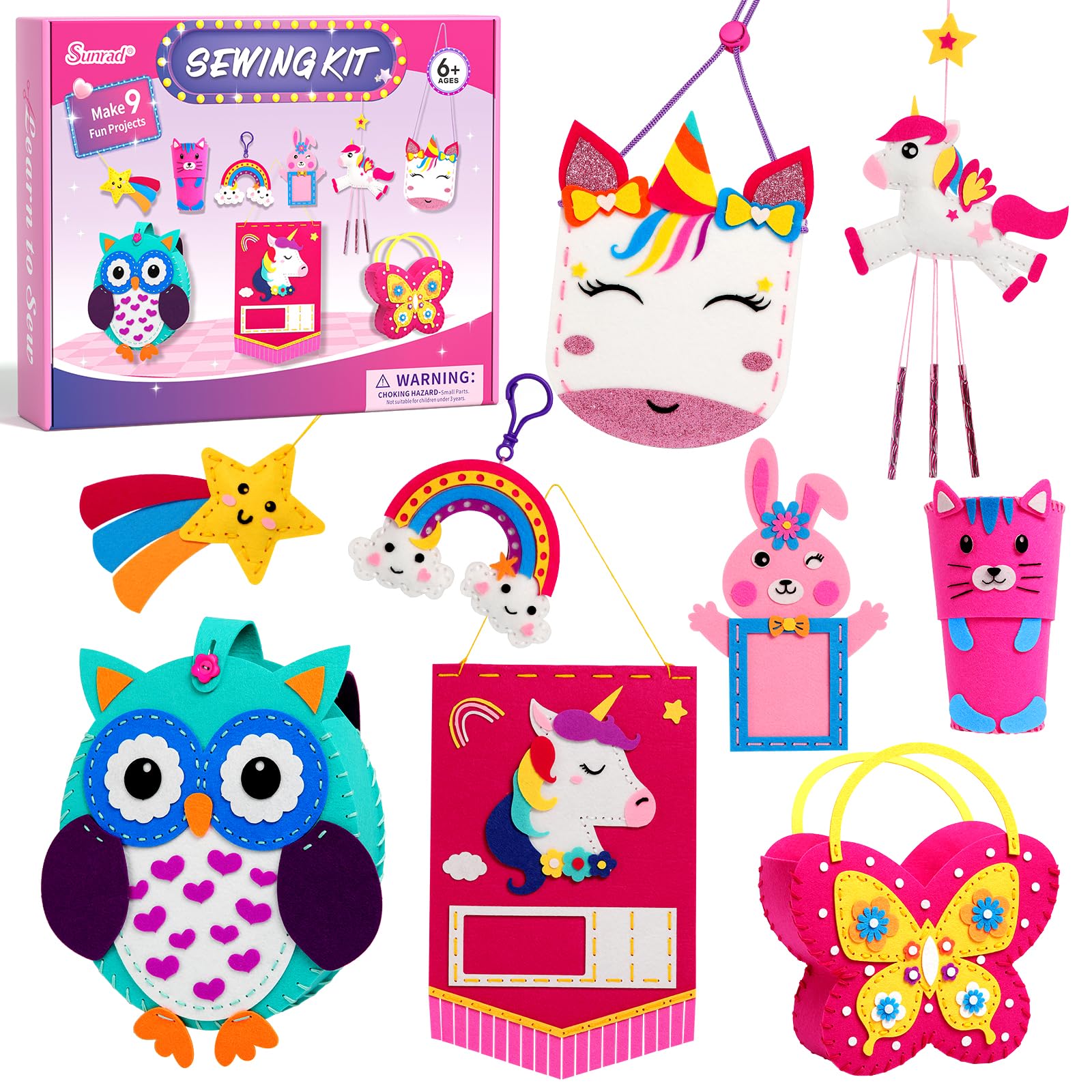 Sunrad Kids Sewing Kit for Beginners - DIY Unicorn & Animal Felt Crafts, 9 Easy Projects, Learn to Sew Educational Toy - Perfect Birthday Gift for Girls Ages 6-12 | Fun Arts & Crafts Activity for Home, School & Party Projects