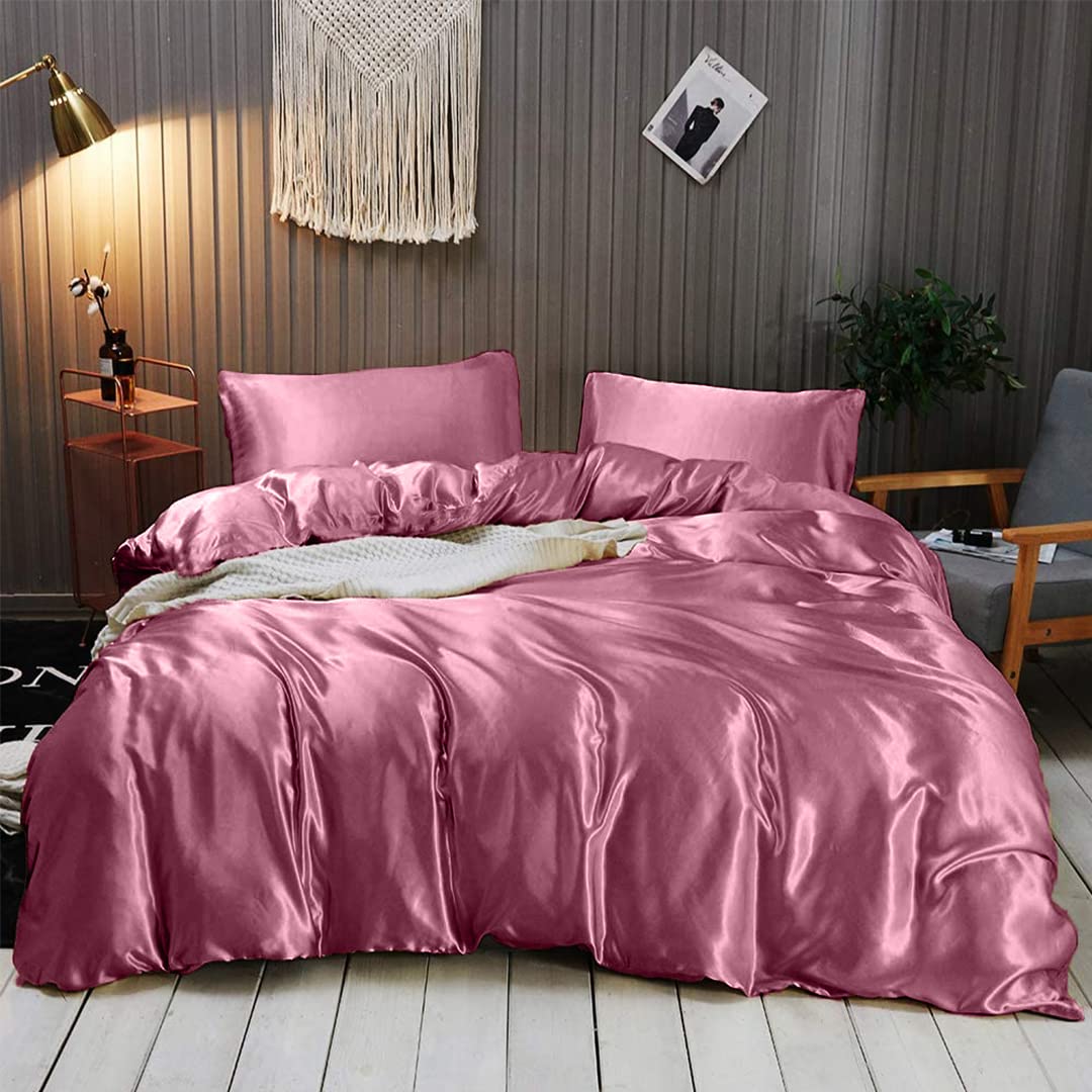 Luxury 7-Piece Full XL Silk Satin Sheet Set - Breathable Cooling Bedding with Deep Pockets - Wrinkle Free Hotel Quality Duvet Cover & Pillowcases - Dusty Pink - Perfect for Hot Sleepers & Upscale Bedroom Decor