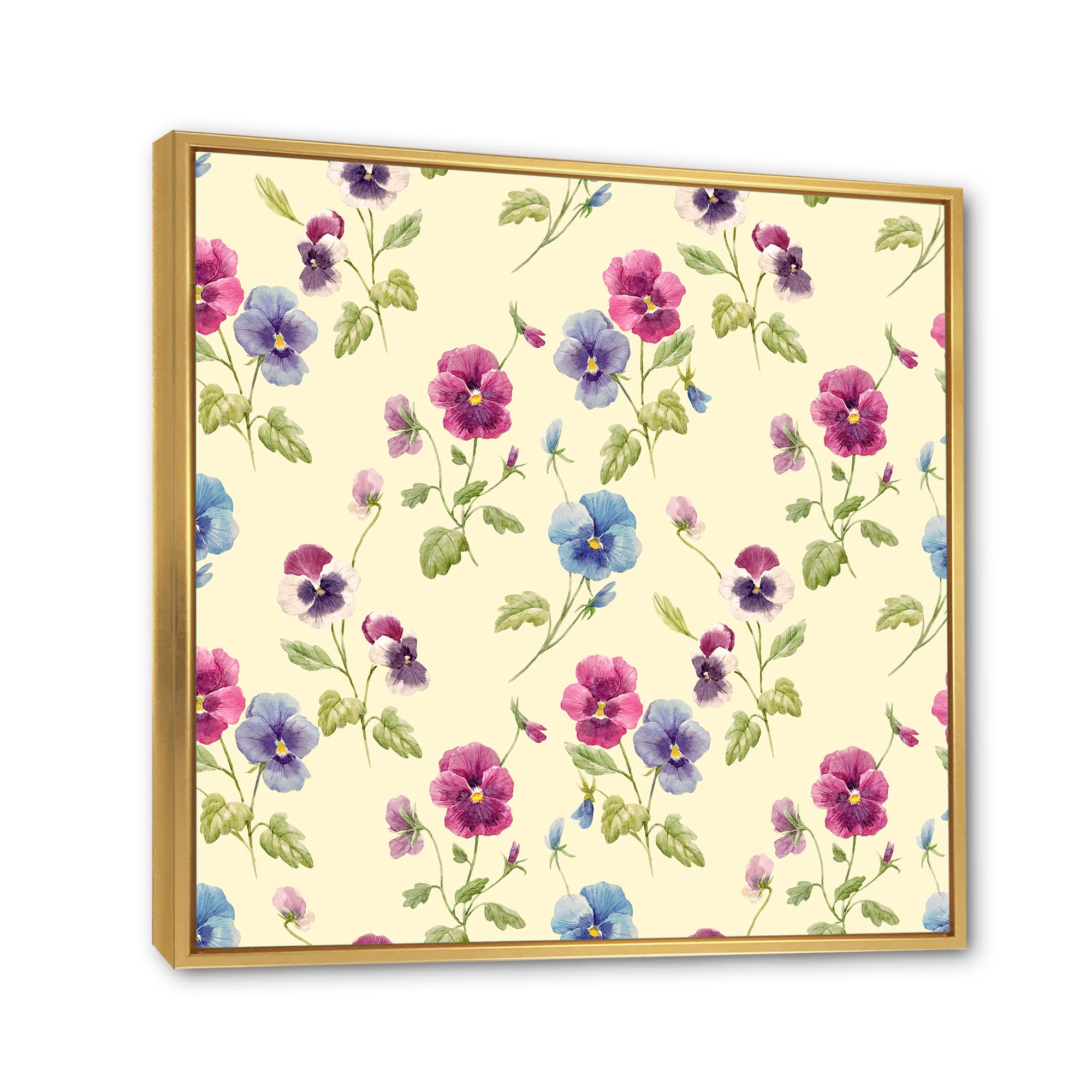 DesignQ Pink and Blue Pansy Flowers Framed Canvas Wall Art - Traditional Floral Painting for Living Room, Bedroom & Office Decor