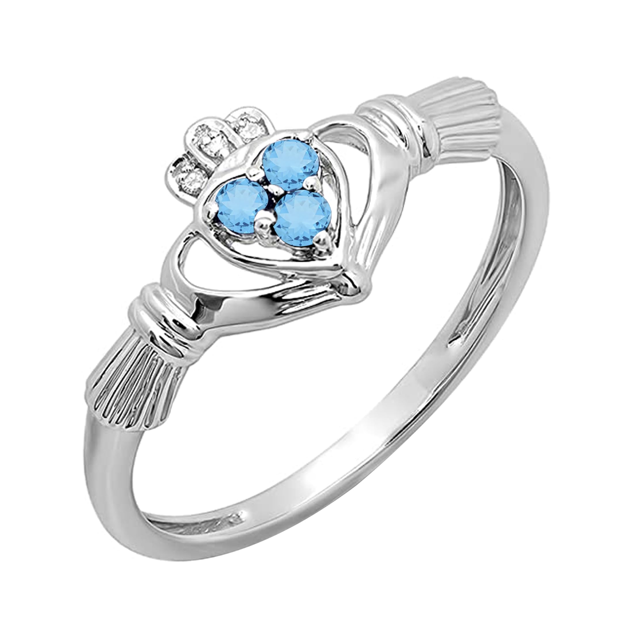 10K Solid Gold Claddagh Heart Ring for Women - Natural Blue Topaz & White Diamond Irish Love & Friendship Promise Ring | Wedding, Engagement, Anniversary Gift Idea