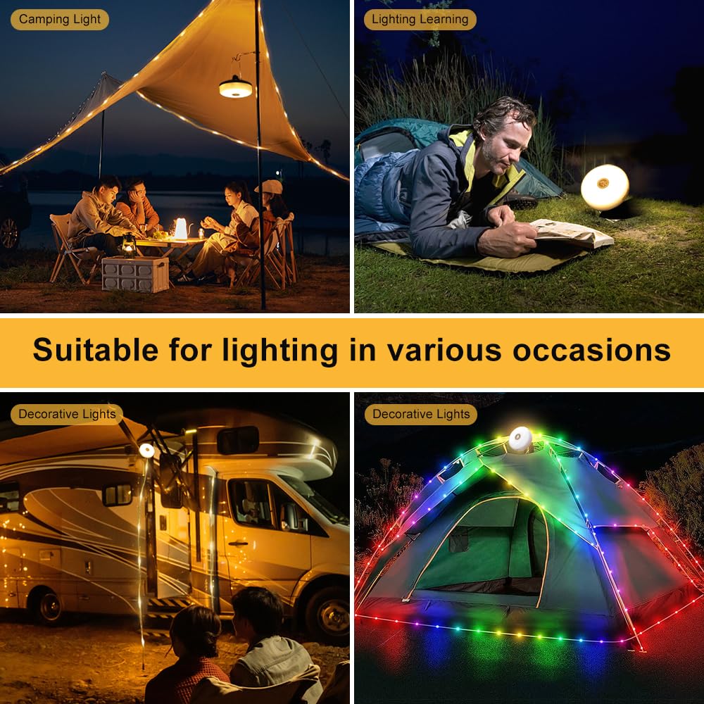 2 Pack 32.8ft Waterproof Camping String Lights - 4-in-1 Outdoor Fairy Lights with 8 Lighting Modes, USB Rechargeable & Battery Indicator, Durable for Camping, Backyard, Hiking, Patio & Garden Decor - Portable & Easy to Store