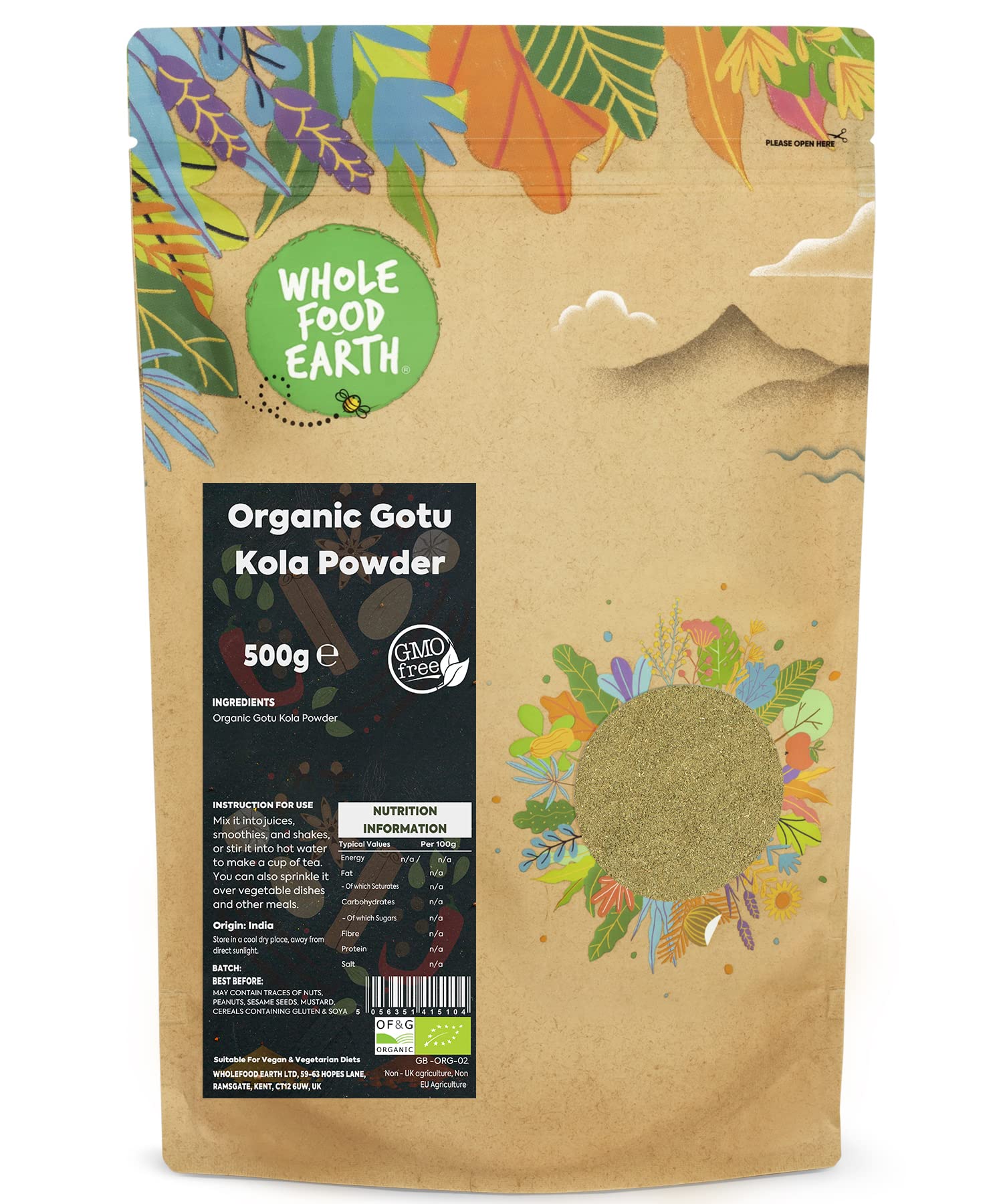 Organic Gotu Kola Powder 500g | Vegan, Non-GMO, USDA Certified | Herbal Supplement for Memory, Skin Health & Stress Relief | Perfect for Smoothies, Teas & Natural Skincare