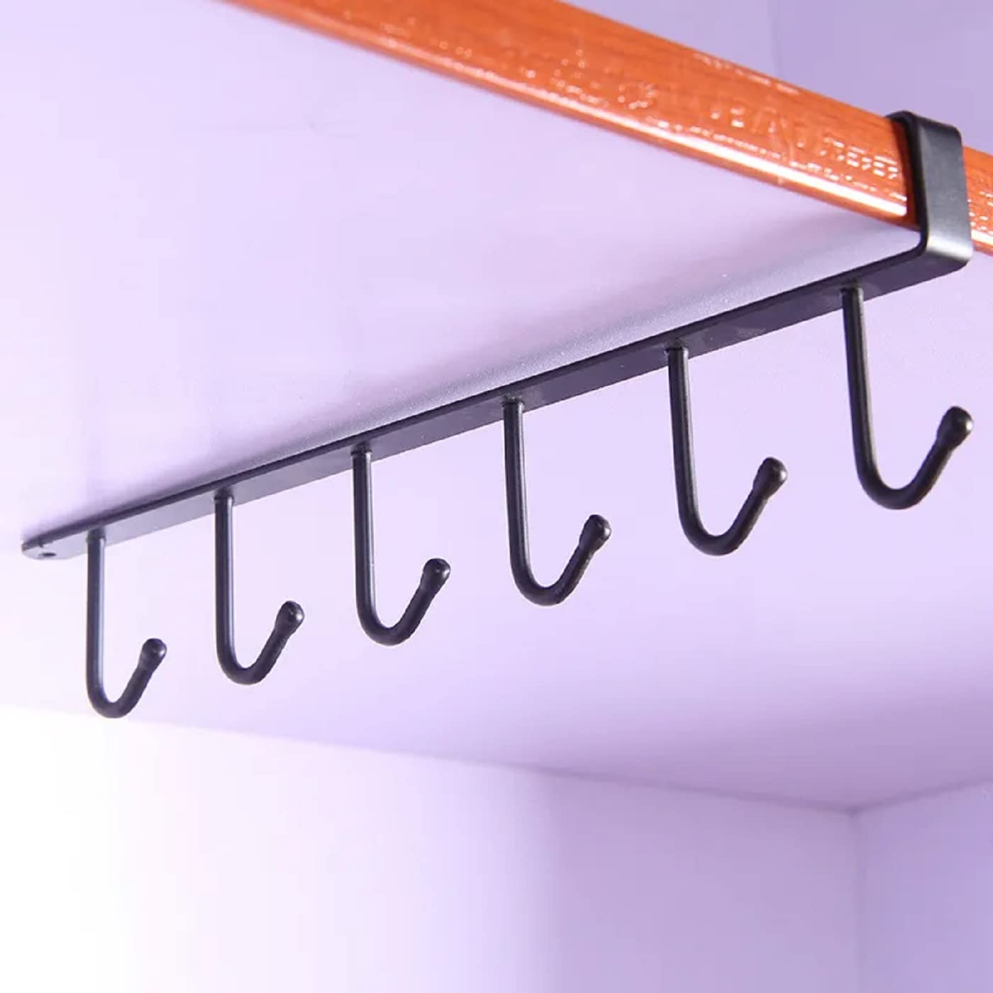 Mopslik - Under Shelf Coffee Mug Holder with 6 Hooks, Metal Hanging Rack Organizer for Kitchen, Cabinet, Table - Space Saving Storage Solution (Black, Pack of 1) - Perfect for Small Kitchens, Dorms, Offices & RVs
