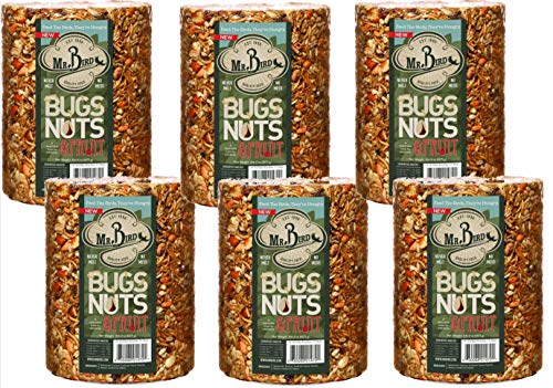 Mr. Bird 6-Pack Large Cylinder Wild Bird Food - Bugs, Nuts & Fruit Mix (4 lbs 2 oz) - Attracts Cardinals, Bluebirds & Woodpeckers - Perfect for Backyard Bird Feeders & Wildlife Watching
