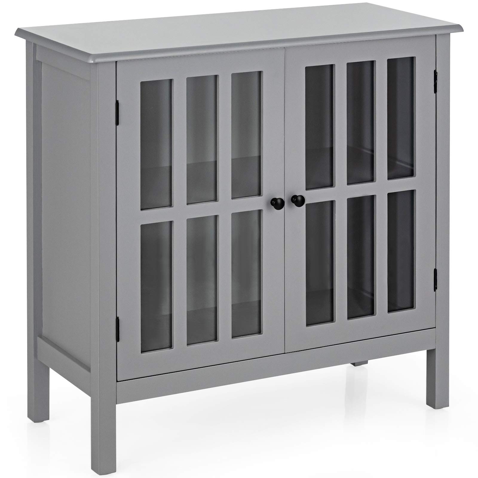 Tangkula Grey Sideboard Buffet Cabinet with 2 Glass Doors - Kitchen Dining Room Storage Cabinet, Liquor Curio Display, Cupboard Console Table for Home Decor & Entertaining
