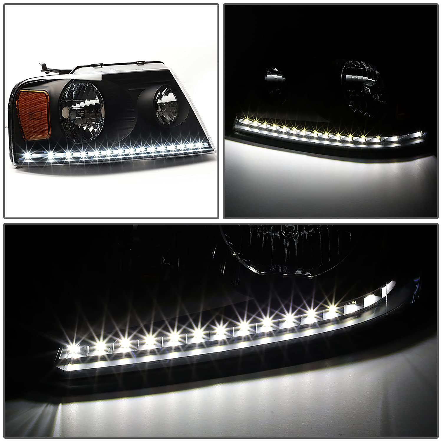 DNA MOTORING HL-LED-F15004-BK-AM Black Amber LED Corner Headlights with Light Bar - Replacement for 2004-2008 Ford F150 & Mark LT - Upgrade Your Truck's Style & Visibility for Night Driving & Off-Road Adventures