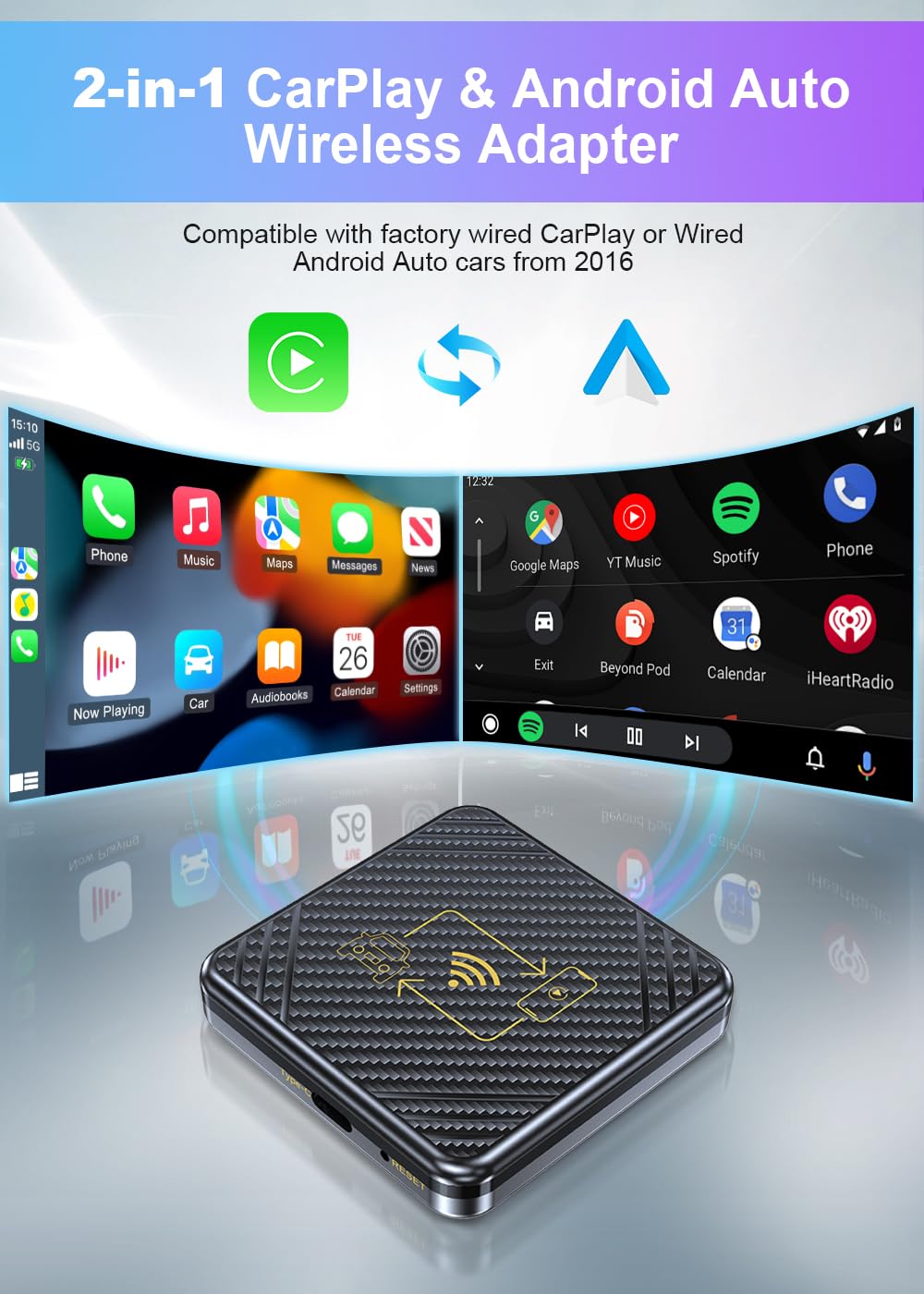 Wireless CarPlay & Android Auto Adapter 2-in-1 - Plug and Play USB Dongle for Factory Wired Cars (2015+ Models) - Compatible with 800+ Vehicles - Seamless Smartphone Connectivity for Safer Driving - Perfect for Commuting, Road Trips & Hands-Free Navigation (Black)