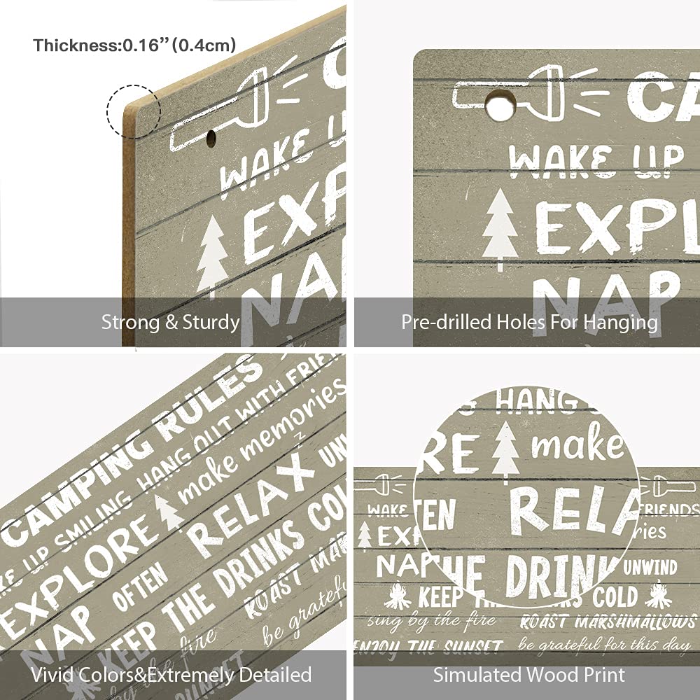 Camping Rules Sign - 10x5in Wall Plaque for Bar, Cabin & Outdoors