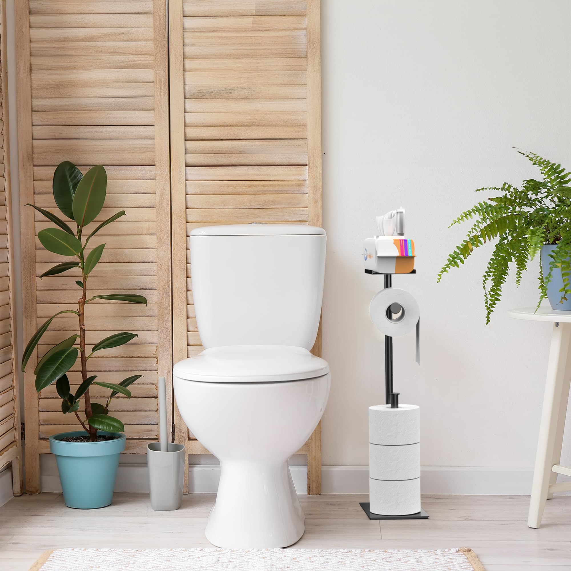 CISILY Black Free Standing Toilet Paper Holder with Phone Shelf - Bathroom Tissue Roll Storage Stand for RV, Apartment, Restroom - Modern Home Decor & Essential Accessories - Perfect for Small Spaces, Guest Bathrooms, and Mobile Living