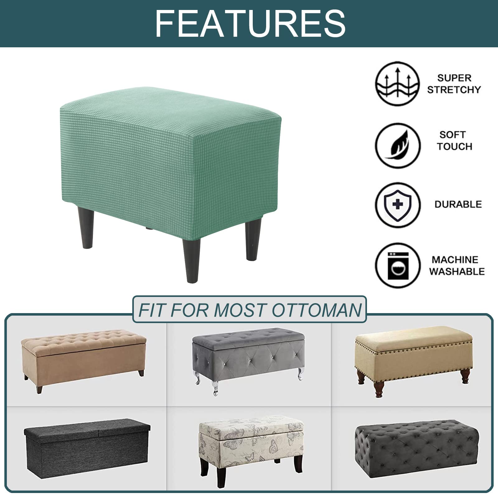Elastic Rectangle Ottoman Slipcover - Stretchable Footstool Protector Cover with Plaid Design & Secure Elastic Bottom, Perfect for Storage Ottomans & Pet-Friendly Furniture (Green, Small) - Ideal for Living Room, Bedroom & Pet Areas