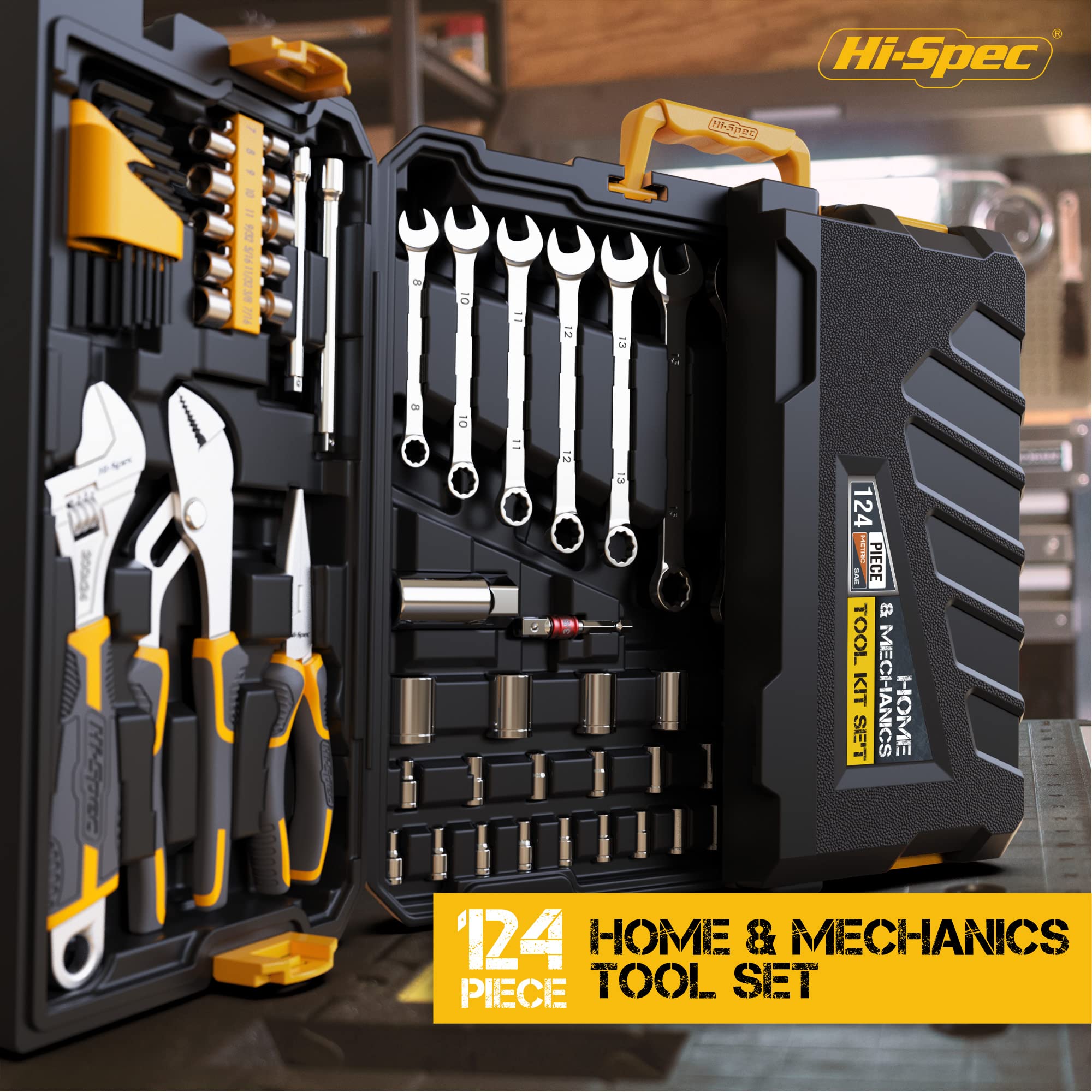 Hi-Spec 124-Piece Home & Garage Mechanics Tool Set - Complete Socket Wrench Kit for DIY Repairs & Auto Maintenance - Durable Plastic Storage Case Included - Perfect for Home Improvement, Car Repair & Professional Use