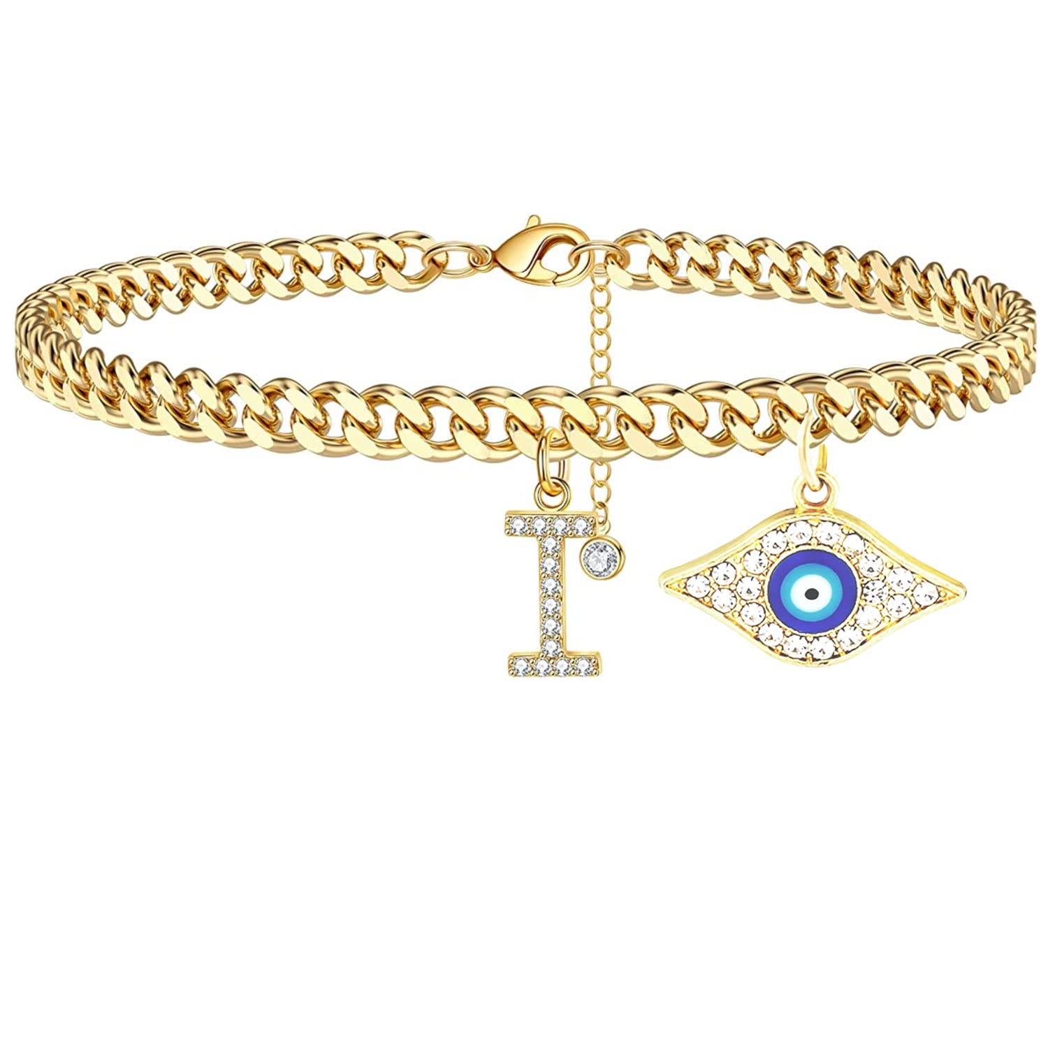 18K Gold Plated Dainty Cuban Link CZ Initial Anklet for Women - Evil Eye Protection Ankle Bracelet, Summer Jewelry Gift for Teen Girls & Women - Perfect for Beach Vacations, Parties & Everyday Wear