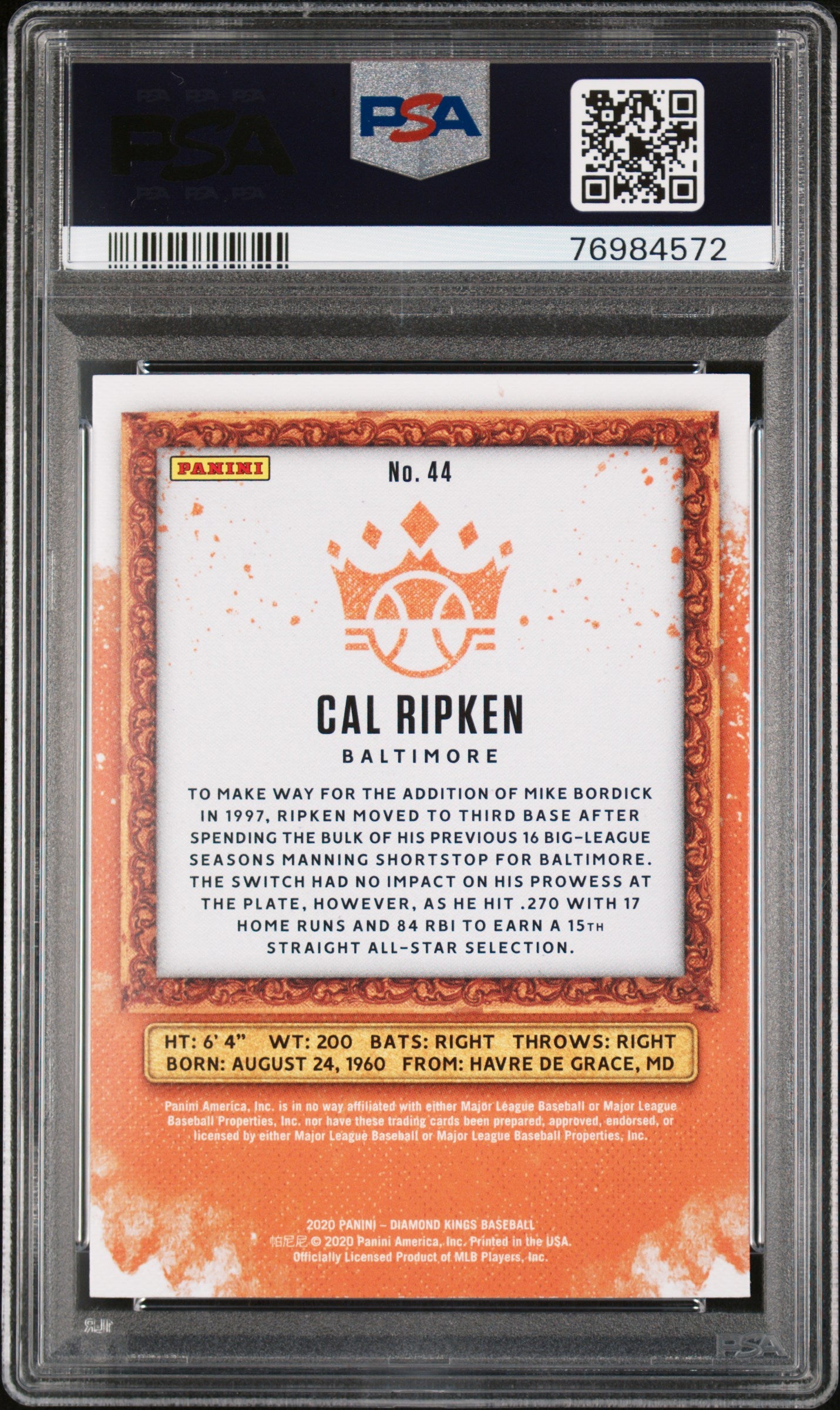 2020 Panini Diamond Kings Cal Ripken Jr. #44 PSA 10 Gem Mint Baseball Card - Perfect for Collectors & Sports Memorabilia Displays