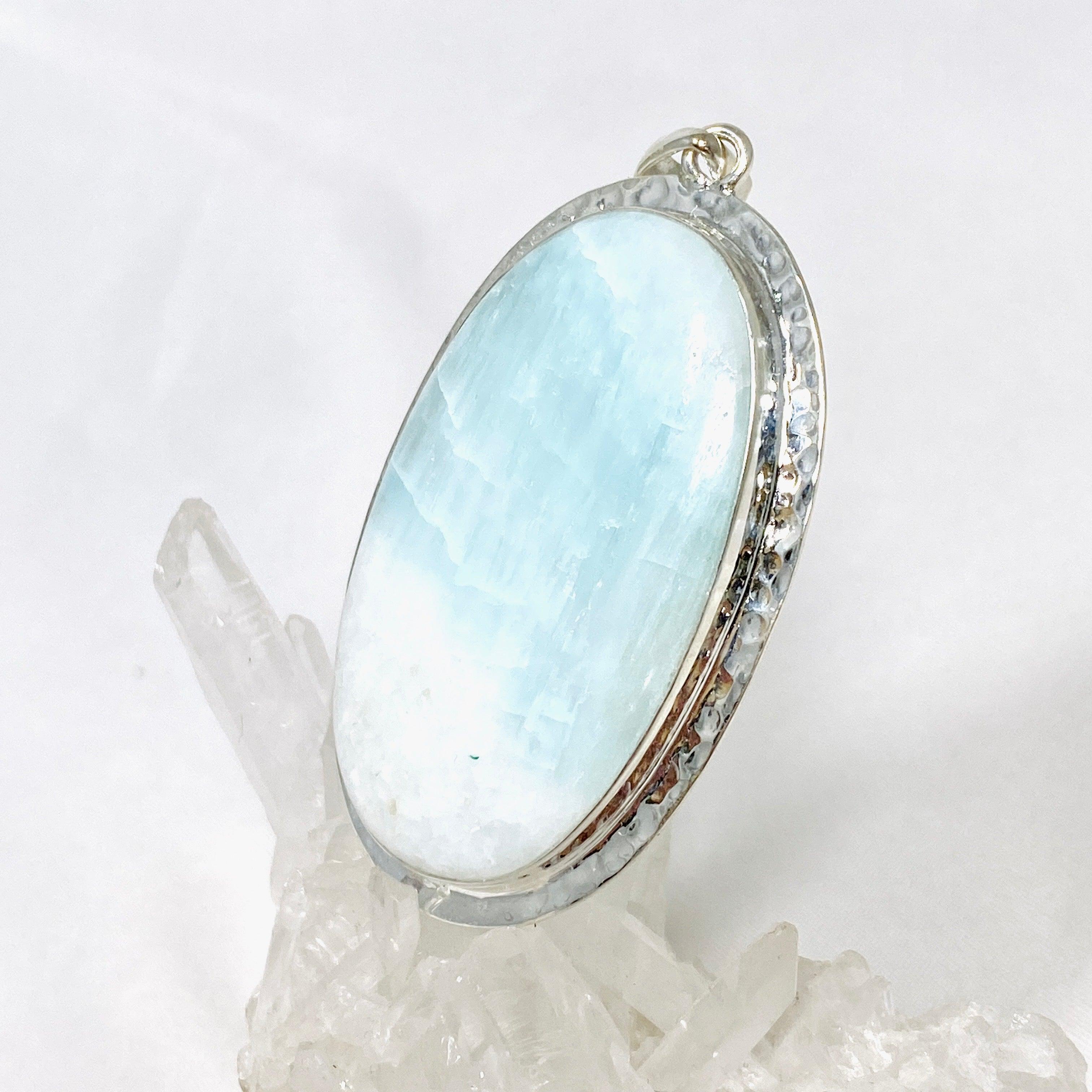 Blue Aragonite Oval Pendant in Hammered Silver Setting KPGJ4466 - Elegant Jewelry Gift for Women, Perfect for Weddings & Special Occasions