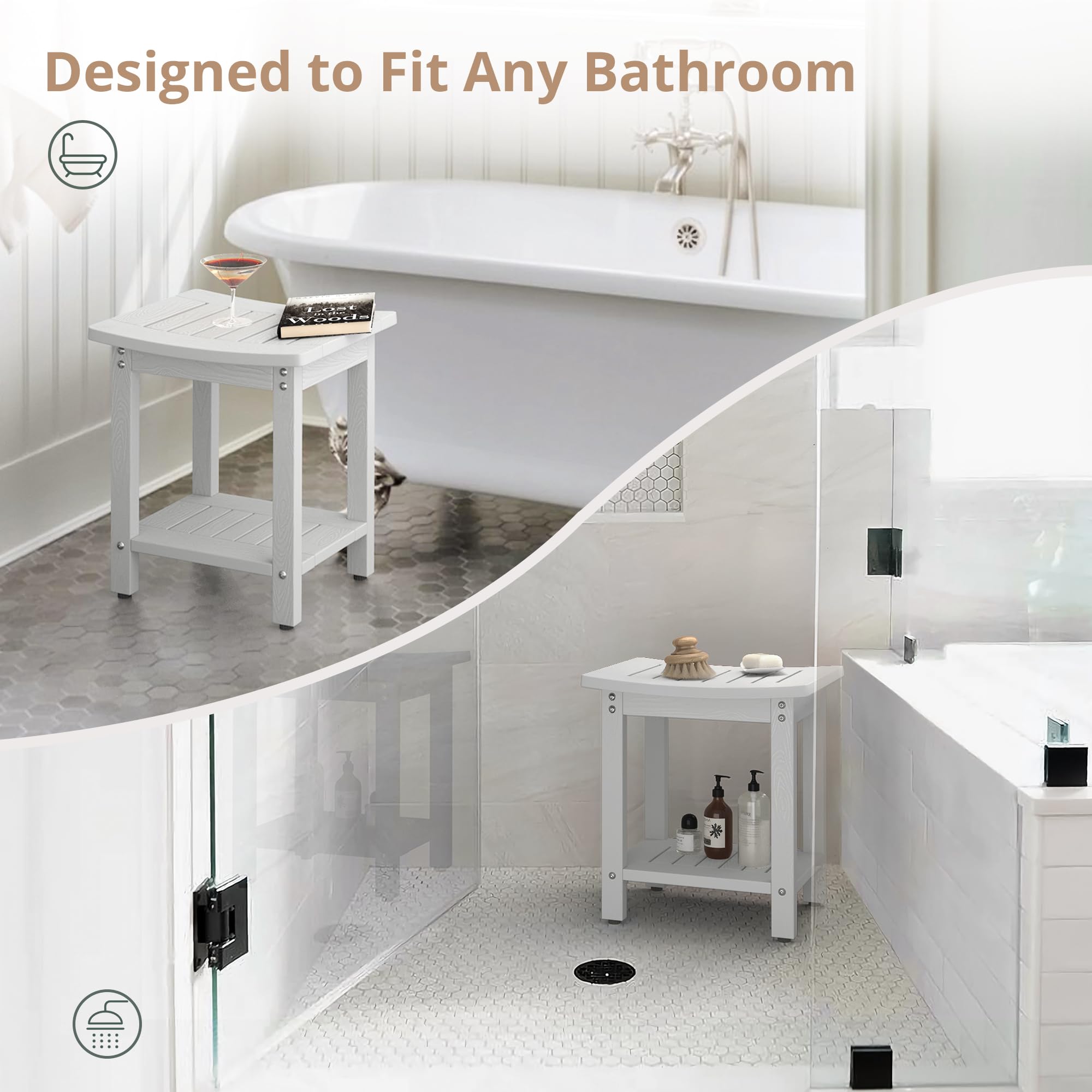 LUE BONA HDPS Waterproof Shower Bench Seat with Storage Shelf - Non-Slip Bath Stool for Shaving Legs, Spa & Elderly Safety - Weather Resistant for Indoor/Outdoor Use (White) | Perfect for Bathroom, Poolside & Shower Safety