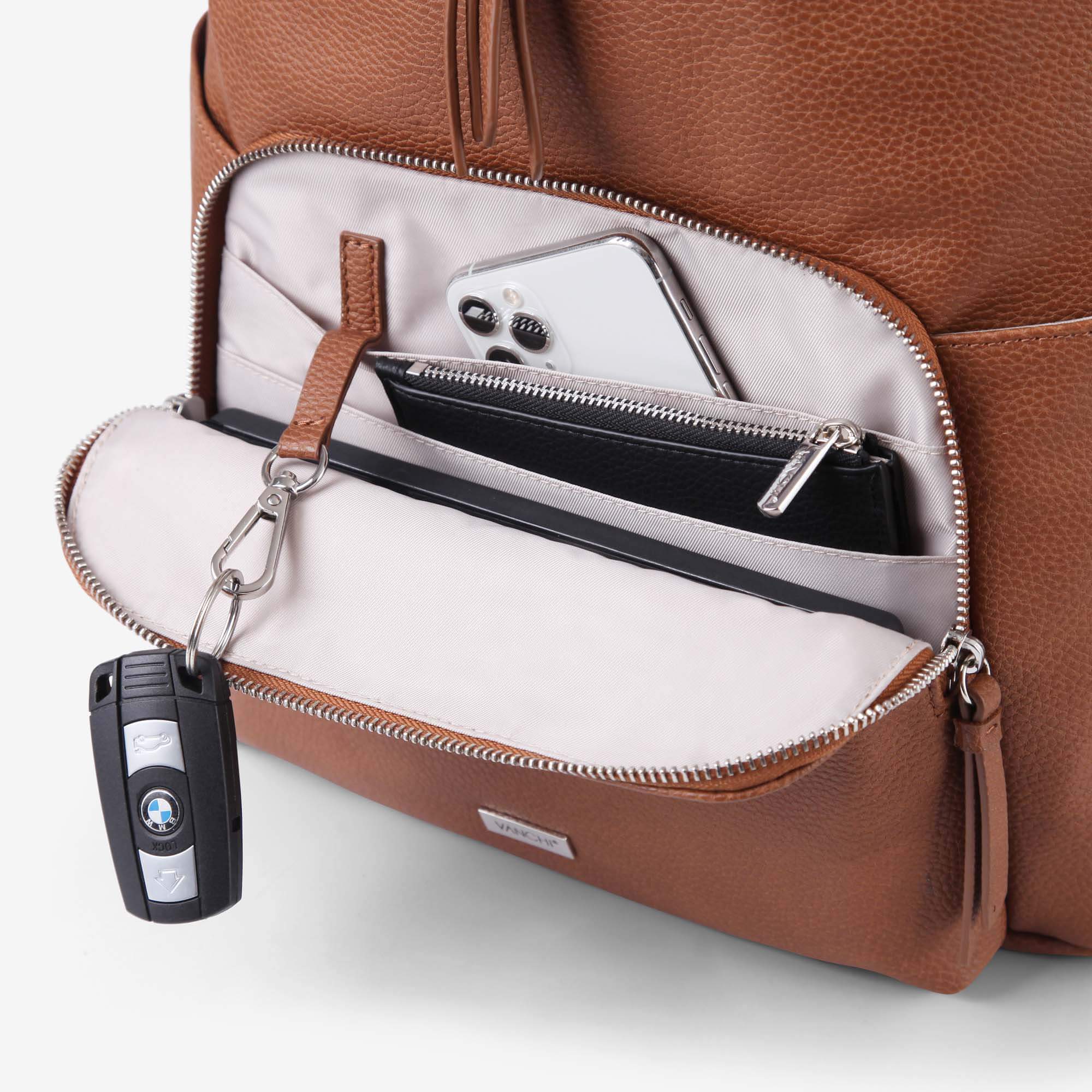 Vanchi Vegan Leather Frankie Everyday Backpack for Women & Men - Pebbled Tan - Stylish Laptop Bag for Work, Travel & College