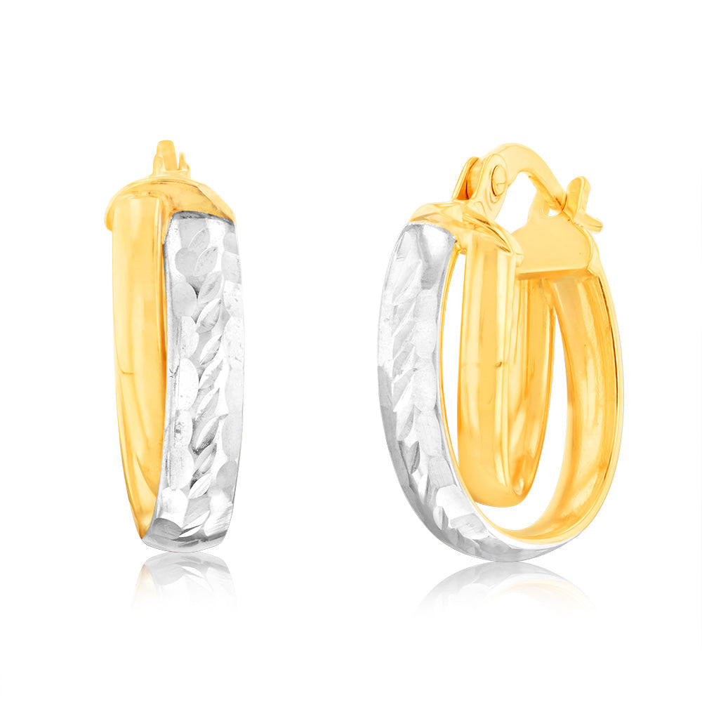 9ct Yellow and White Two-Tone Gold Textured Fancy Elongated Hoop Earrings for Women - Elegant Statement Jewelry for Parties, Weddings & Special Occasions