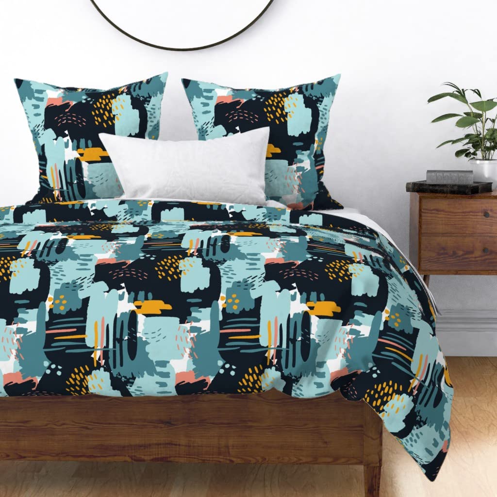 Premium Cotton Sateen Duvet Cover King/California King - Modern Abstract Blue & Gold Paint Brush Design | Custom Printed Bedding Set for Kids & Adults | Perfect for Nursery, Guest Room & Master Bedroom Decor