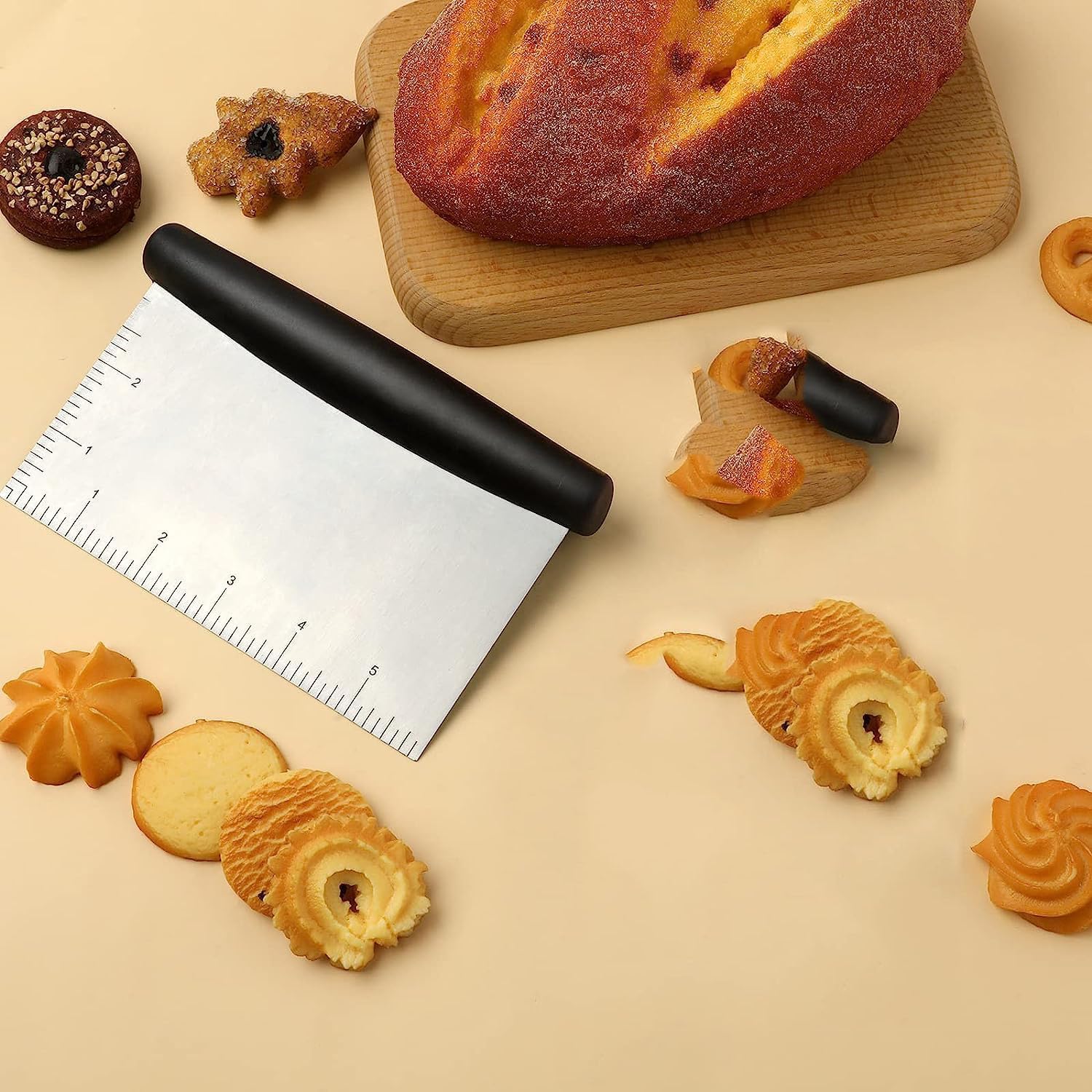 Stainless Steel Dough Scraper Set (2-Piece) with Ergonomic Handle & Measuring Scale - Professional Bench Scraper & Pizza Cutter for Baking, Bread Making & Pastry Prep - Ideal for Home Bakers & Commercial Kitchens