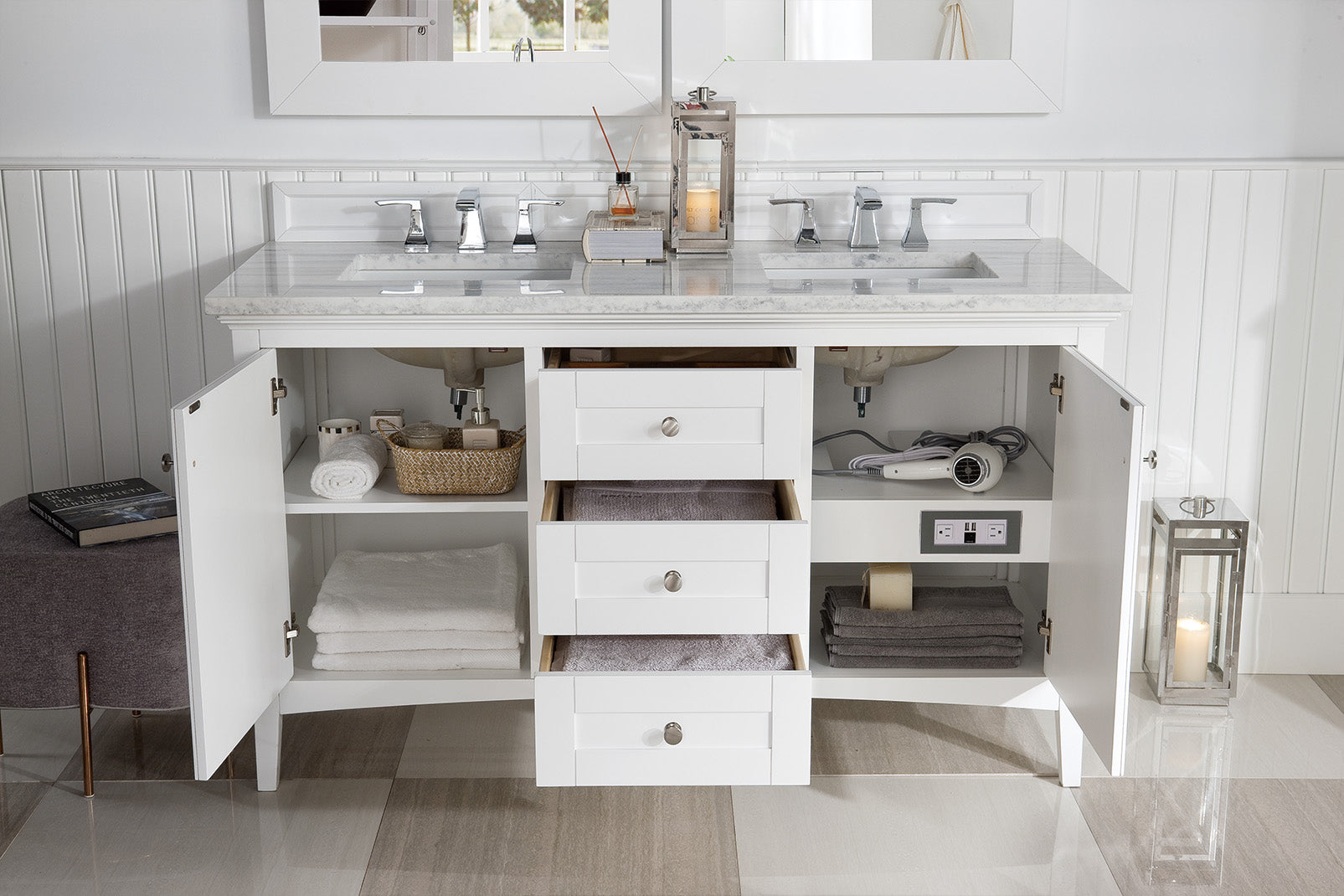 Palisades 60-Inch Double Bathroom Vanity with 3CM Arctic Fall Solid Surface Top in Bright White - Perfect for Master Bathroom Renovation & Modern Home Decor