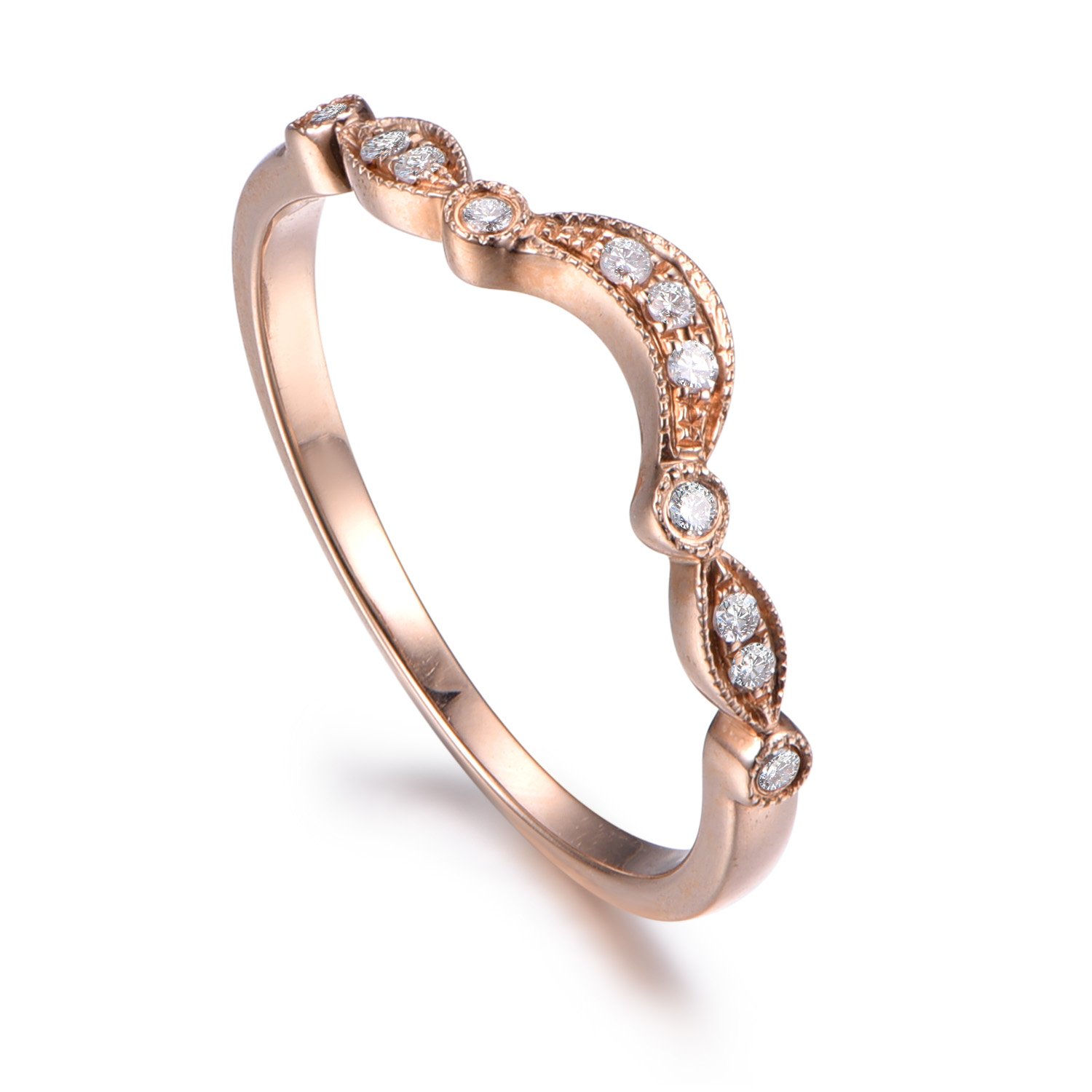 14K Rose Gold Curved Diamond Half Eternity Wedding Ring - Art Deco Stackable Anniversary Band with Milgrain Detailing for Bridal Sets, Engagement Stacking or Gift Giving