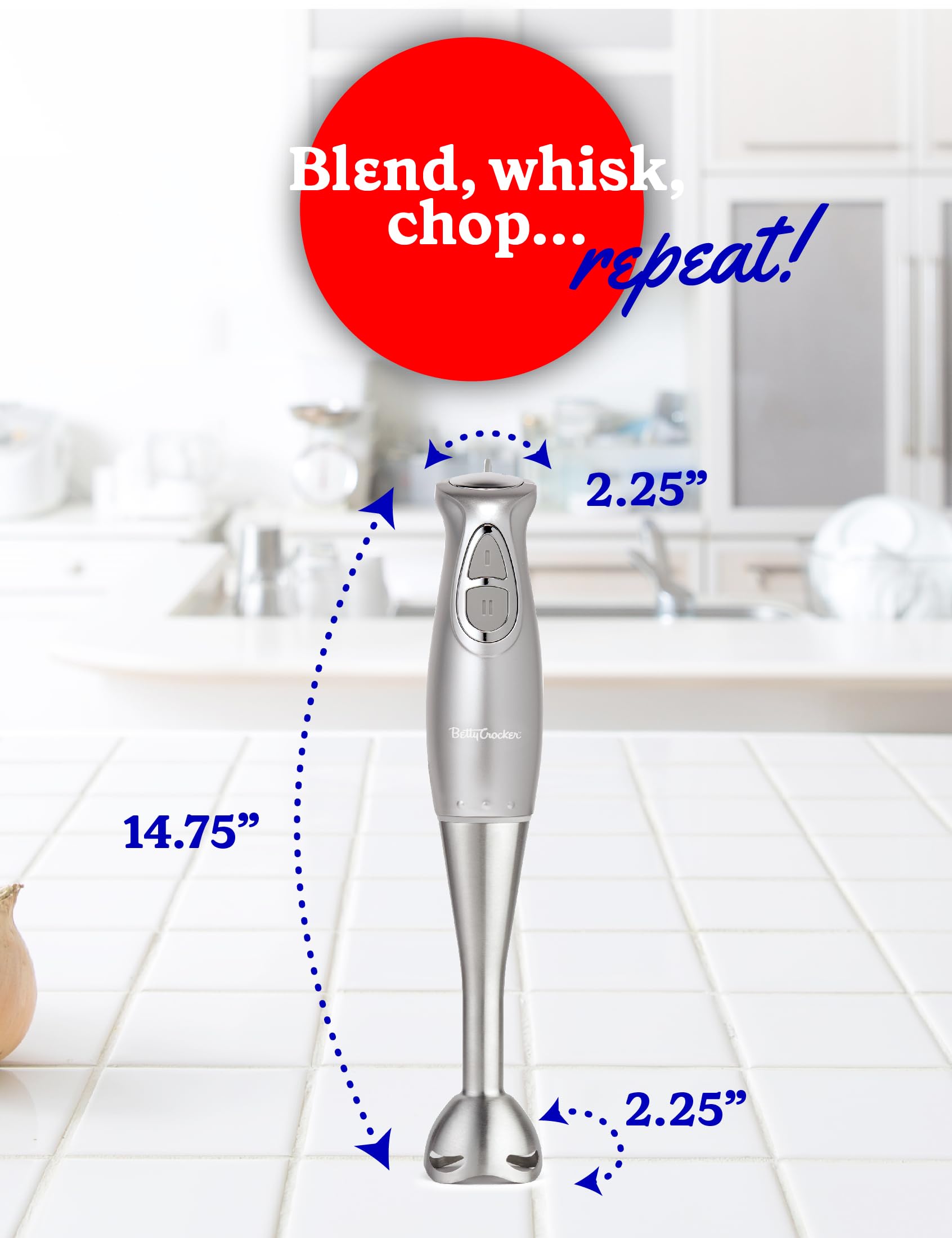 BETTY CROCKER 250W Immersion Hand Blender - 2-Speed Electric Hand Mixer with Stainless Steel Blade, Whisk & Beaker - Ergonomic Handle for Smoothies, Soups, Sauces & Baking - Portable Kitchen Blender for Home Use (Silver)