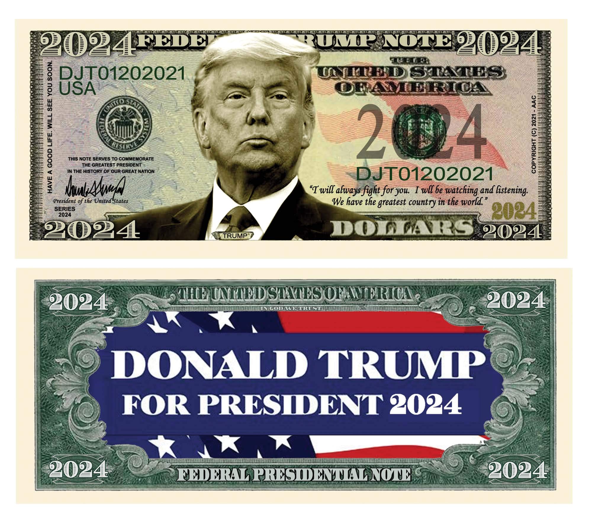 Donald Trump 2024 President Limited Edition Novelty Dollar Bills - Pack of 100 - Full Color Front & Back Detailed Printing - Make America Great Again - Perfect for Political Campaigns, Collectibles & Patriotic Gifts