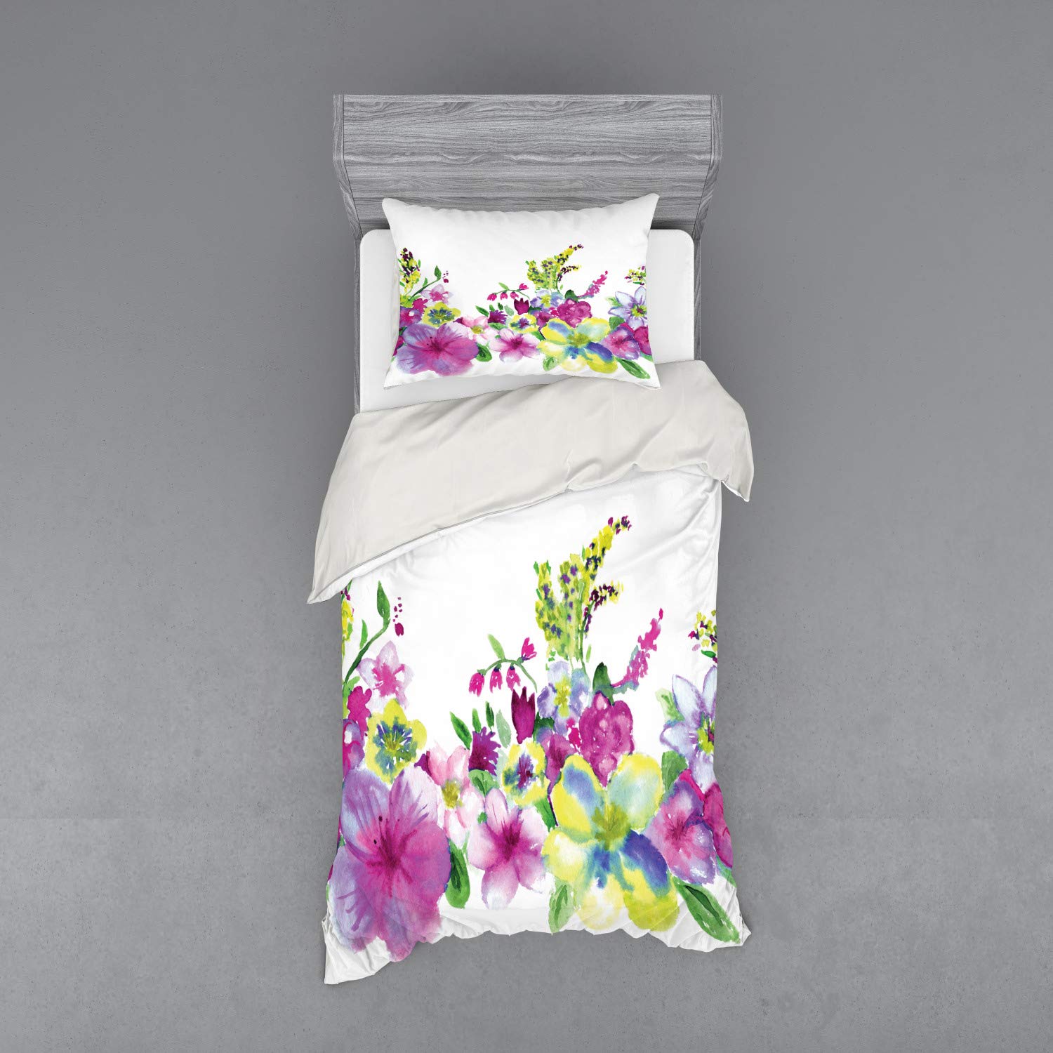 Ambesonne Watercolor Flower Duvet Cover Set - 3 Piece Twin Size Bedding with Sham & Fitted Sheet, Abstract Floral Design in Pink & Green - Perfect for Bohemian Bedroom Decor & Guest Room Styling