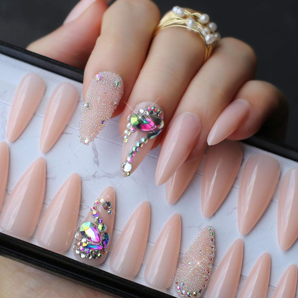 Premium False Nails - Swan Fake Nails with Crystal Rhinestones for Wedding & Party | Luxury Shiny Diamond Design, Irregular Shape | Perfect for Bridal Showers, Prom Nights, Date Nights and Special Occasions