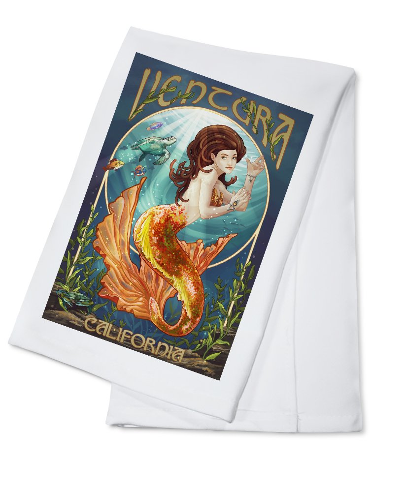 Ventura California Mermaid Print 100% Cotton Tea Towel - Decorative Kitchen Hand Towel for Dish Drying & Home Decor