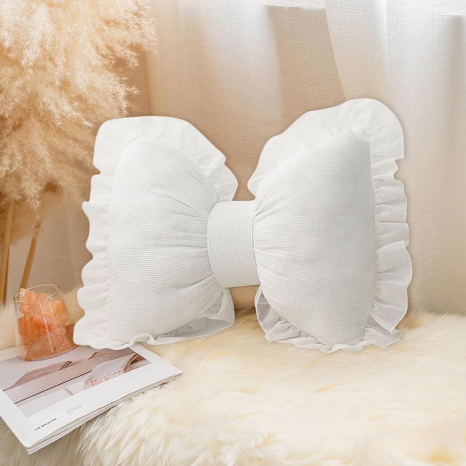 Decorative Bow Shaped Pillow - Pink Lace Bowknot Throw Pillow for Sofa, Couch, Bed, Living Room & Bedroom | Soft & Stylish Home Decor Accent - Perfect for Girls' Rooms, Nursery, Wedding Decor & Photo Props (White)