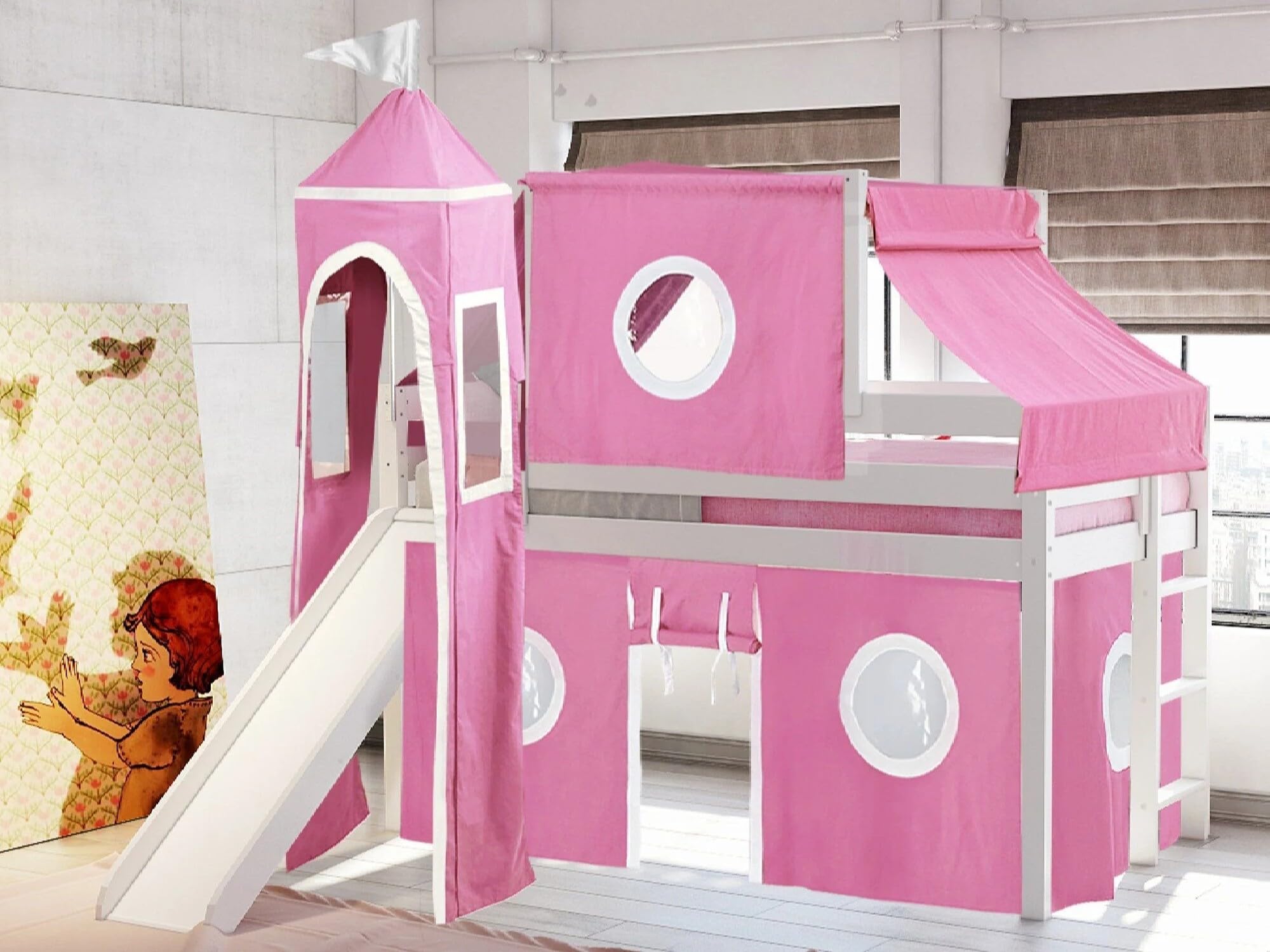 Princess Low Loft Bed with Slide - Pink & White Twin Size Tent & Tower Playhouse - Perfect for Kids' Bedroom & Playroom Decor