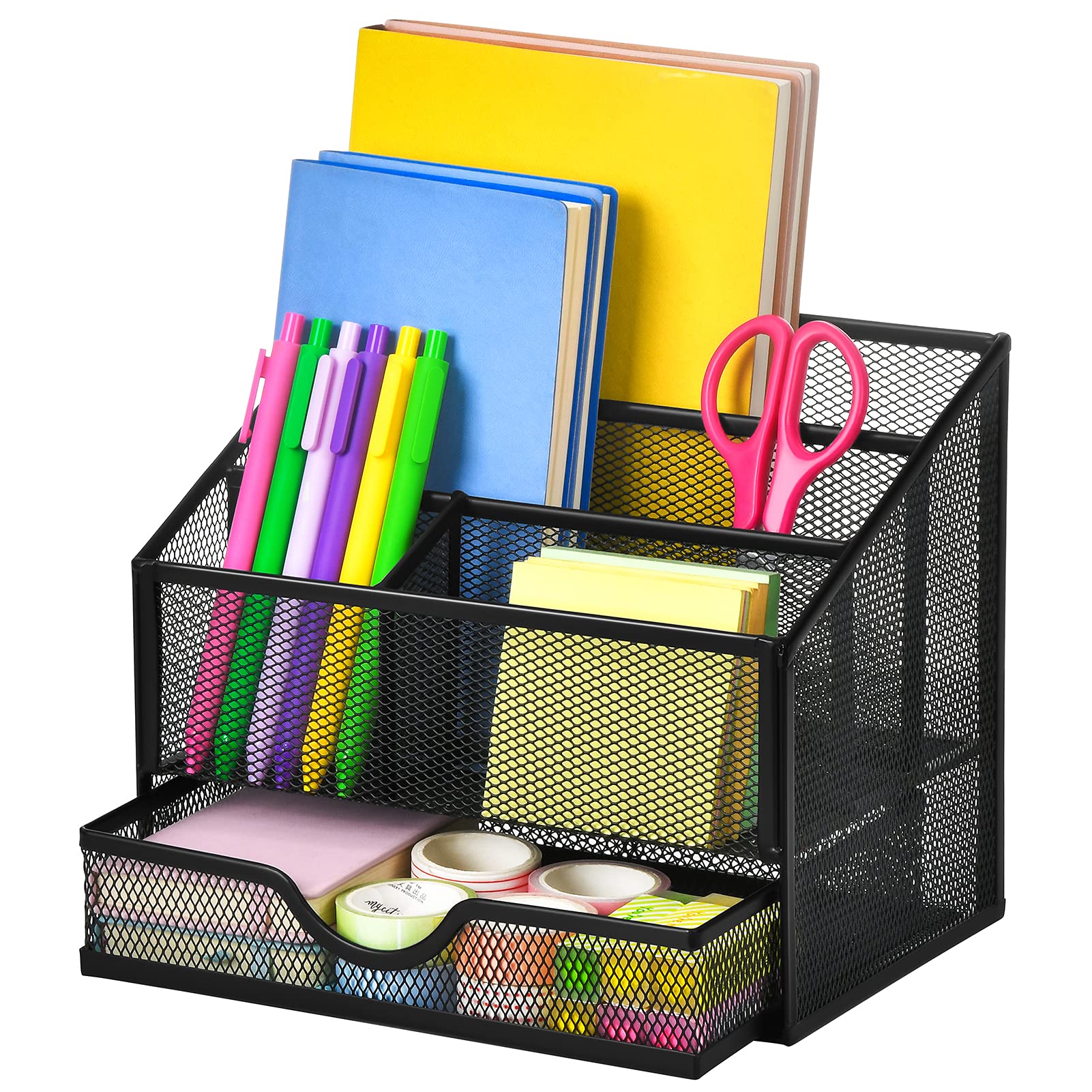 Upgraded Mesh Desk Organizer with Drawer - 4 Compartment Pencil Holder & Office Supplies Caddy for School, Home, or Office (Black) | Perfect for Organizing Pens, Staplers, Paper Clips & More on Your Desktop or Workspace