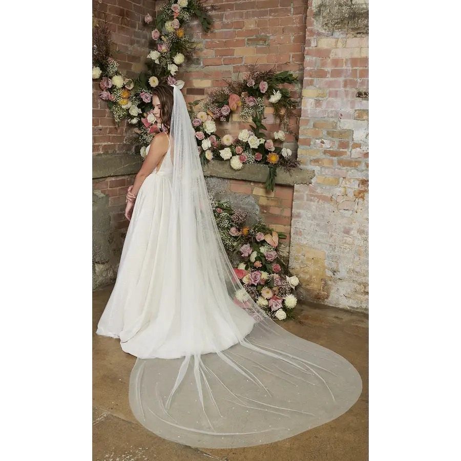 Elegant Cathedral Bridal Veil V2293C - Long Wedding Veil with Lace Trim for Bride, Perfect for Church Ceremony & Formal Weddings