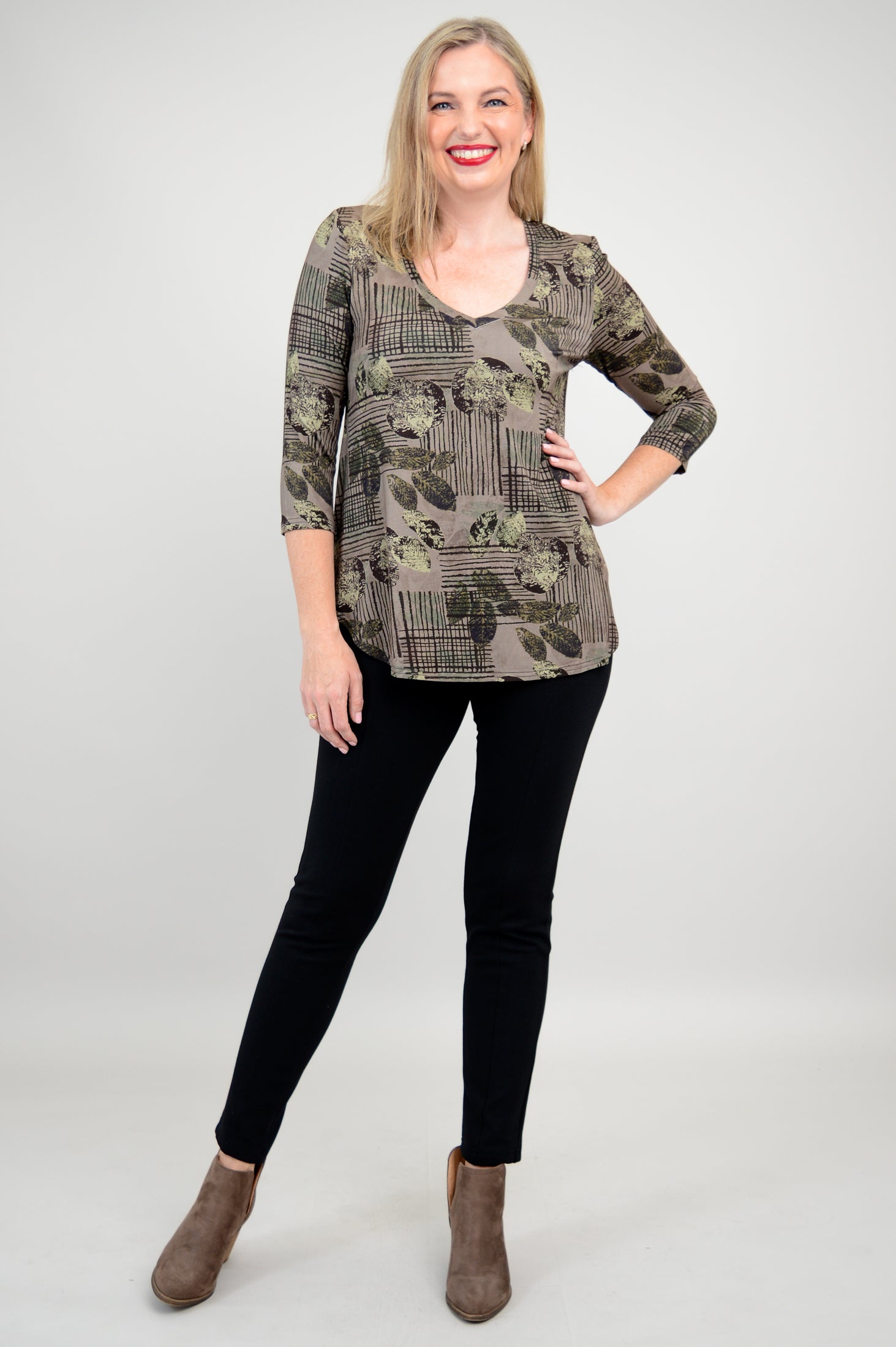 Jackie 3/4 Sleeve Bamboo Top with Fall Sketch Print - Women's Casual Blouse for Work, Date Night & Autumn Outfits - Final Sale