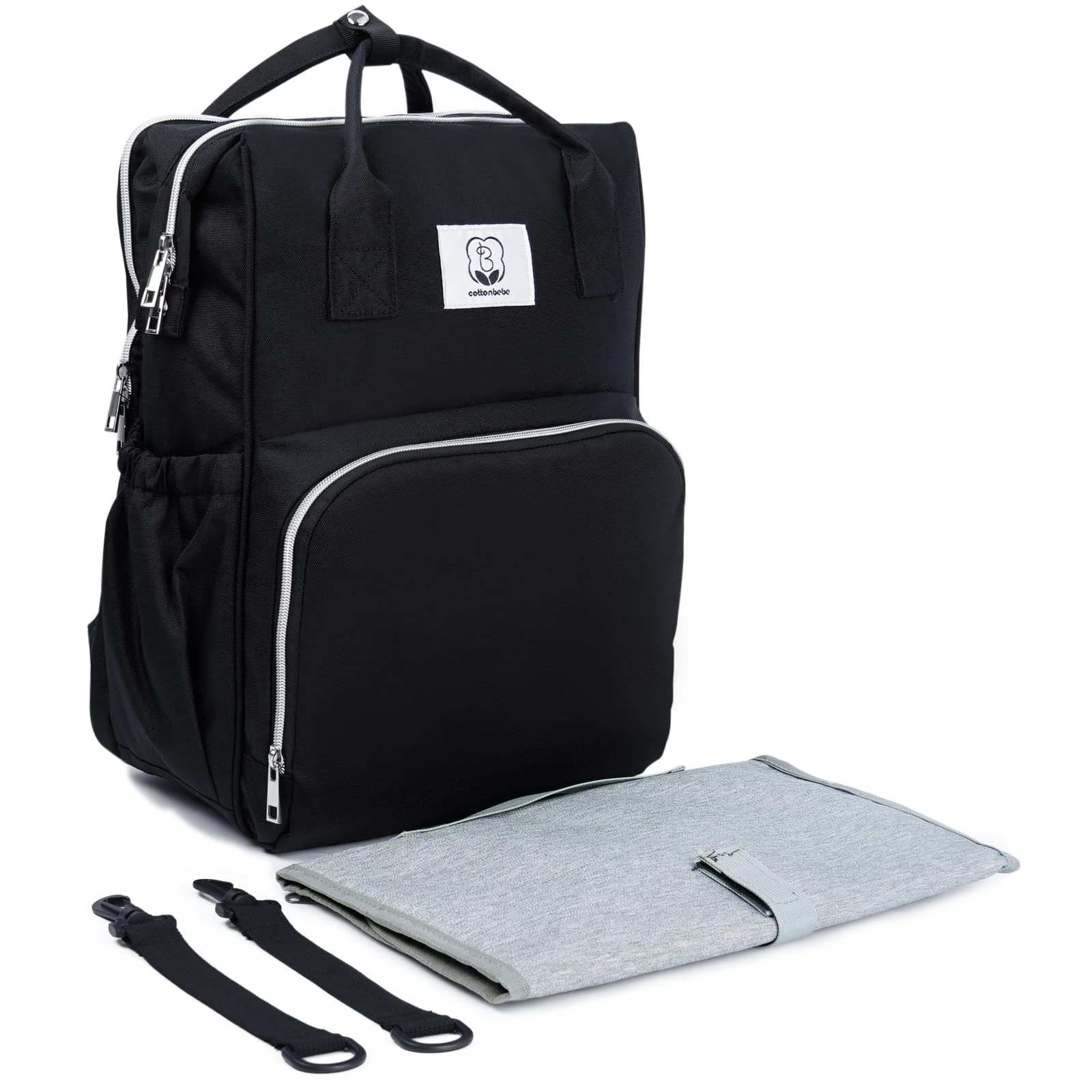 **COTTONBEBE Large Waterproof Diaper Backpack for Women & Men - Baby Bag with Changing Pad, Stroller Straps & Insulated Pockets - Multifunctional Travel Diaper Bag for Parents (Black) | Perfect for Daycare, Travel & On-the-Go Families**