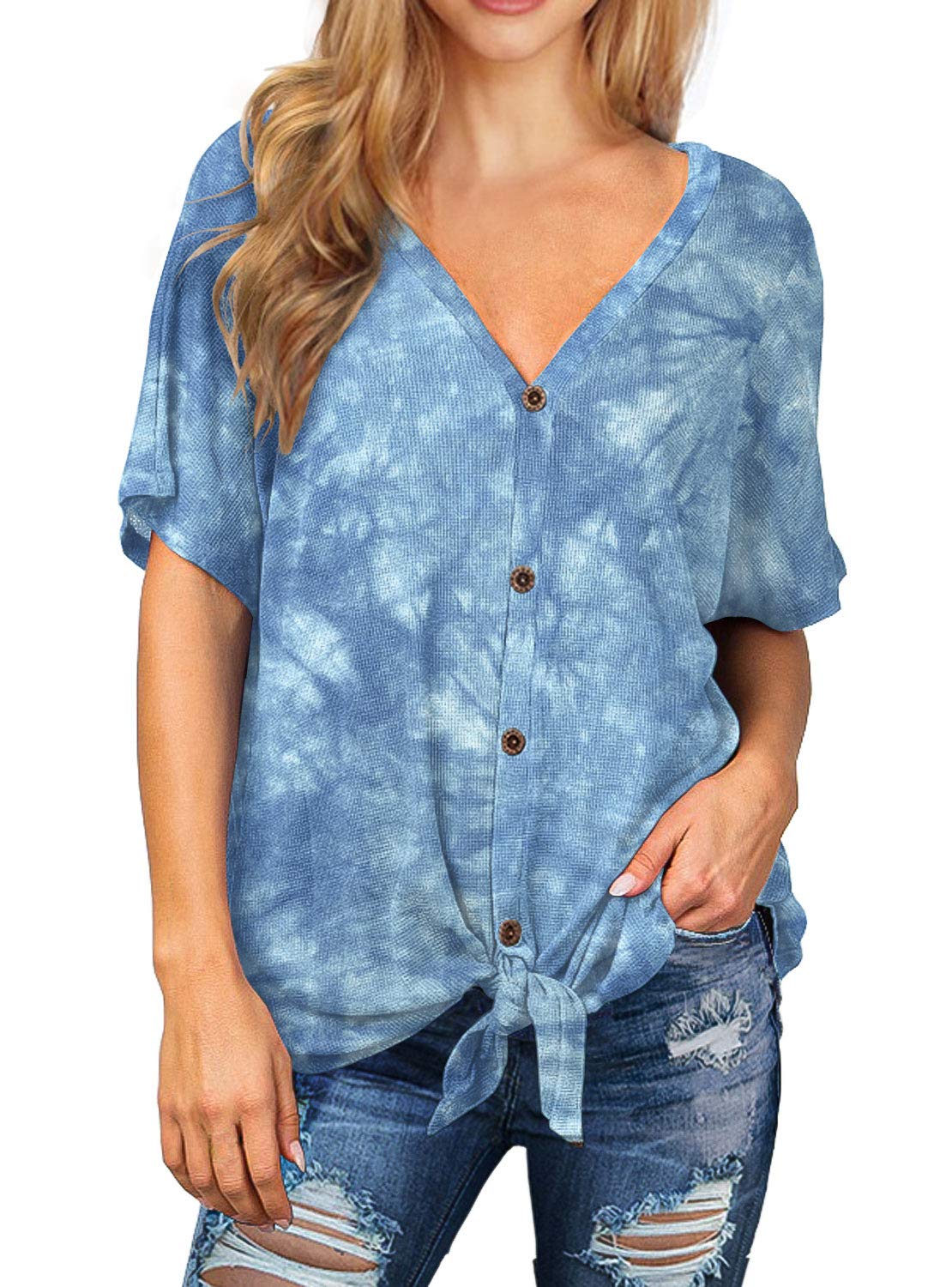 IWOLLENCE Women's Waffle Knit Tunic Blouse - Short Sleeve Henley Top with Tie Knot Detail, Loose Fit Batwing Shirt | Casual Wear, Office Outfits & Weekend Style